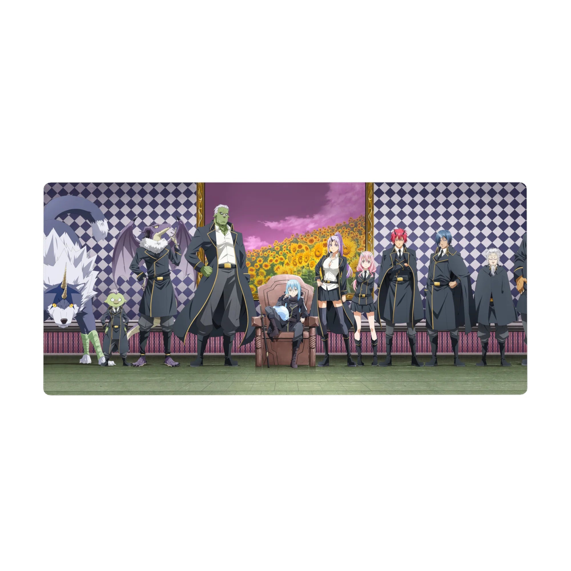 36x16 inches anime desk pad with framed portrait throne scene, crew in black-and-gold uniforms.