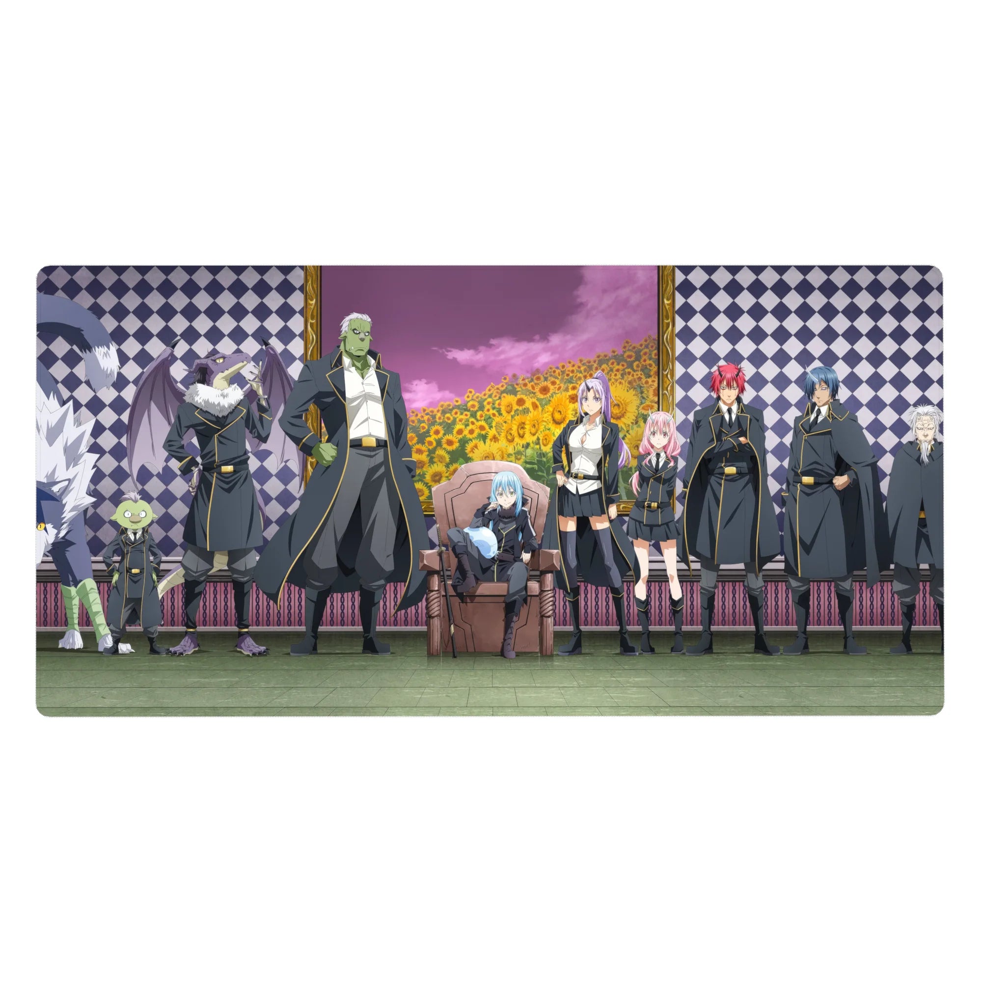 40x20 inches anime desk pad with framed portrait, throne leader, black-and-gold crew, fantasy backdrop.