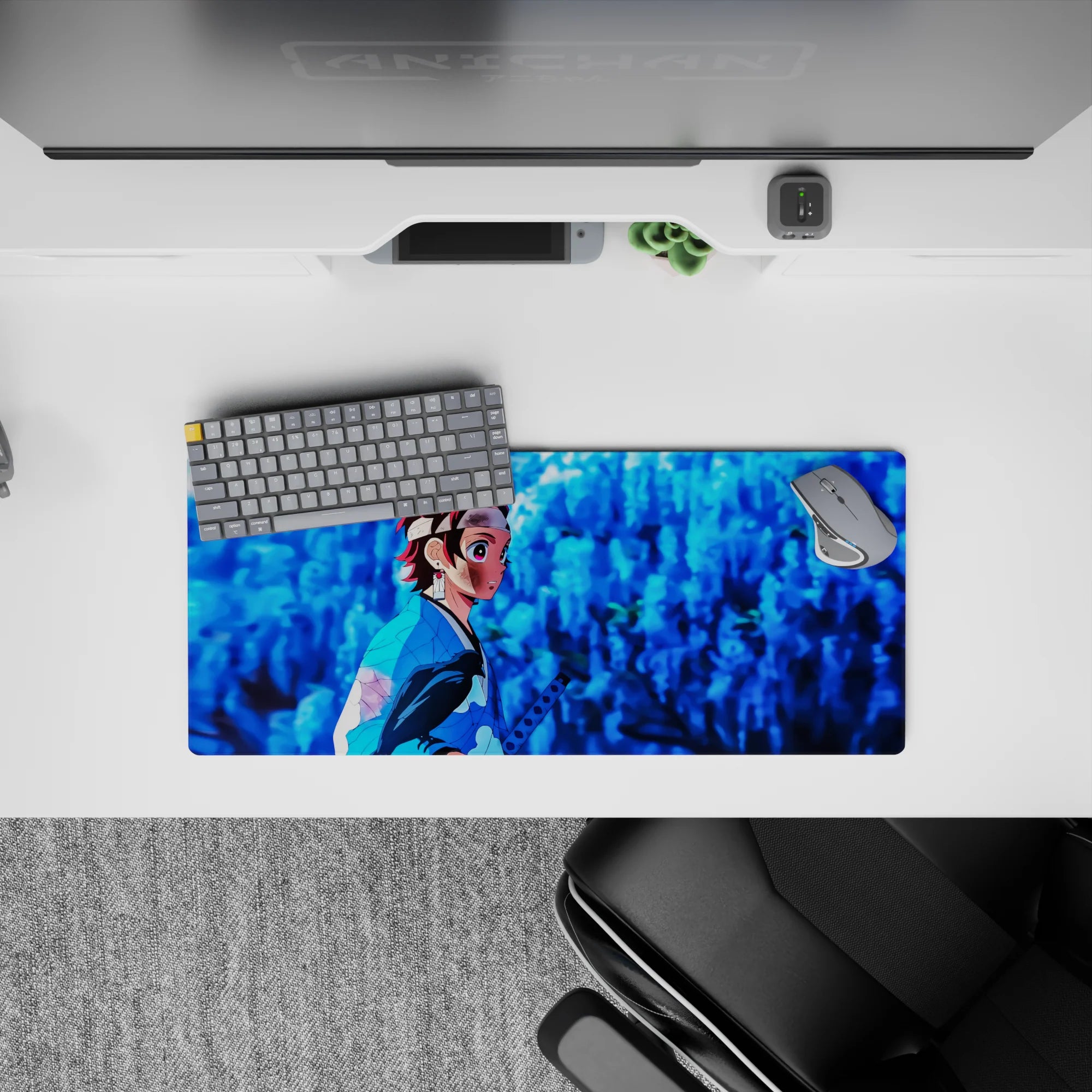 Tanjiro Kamado Demon Slayer anime mouse pad, size 28x12 inches, features wisteria background and crimson-edged hair.