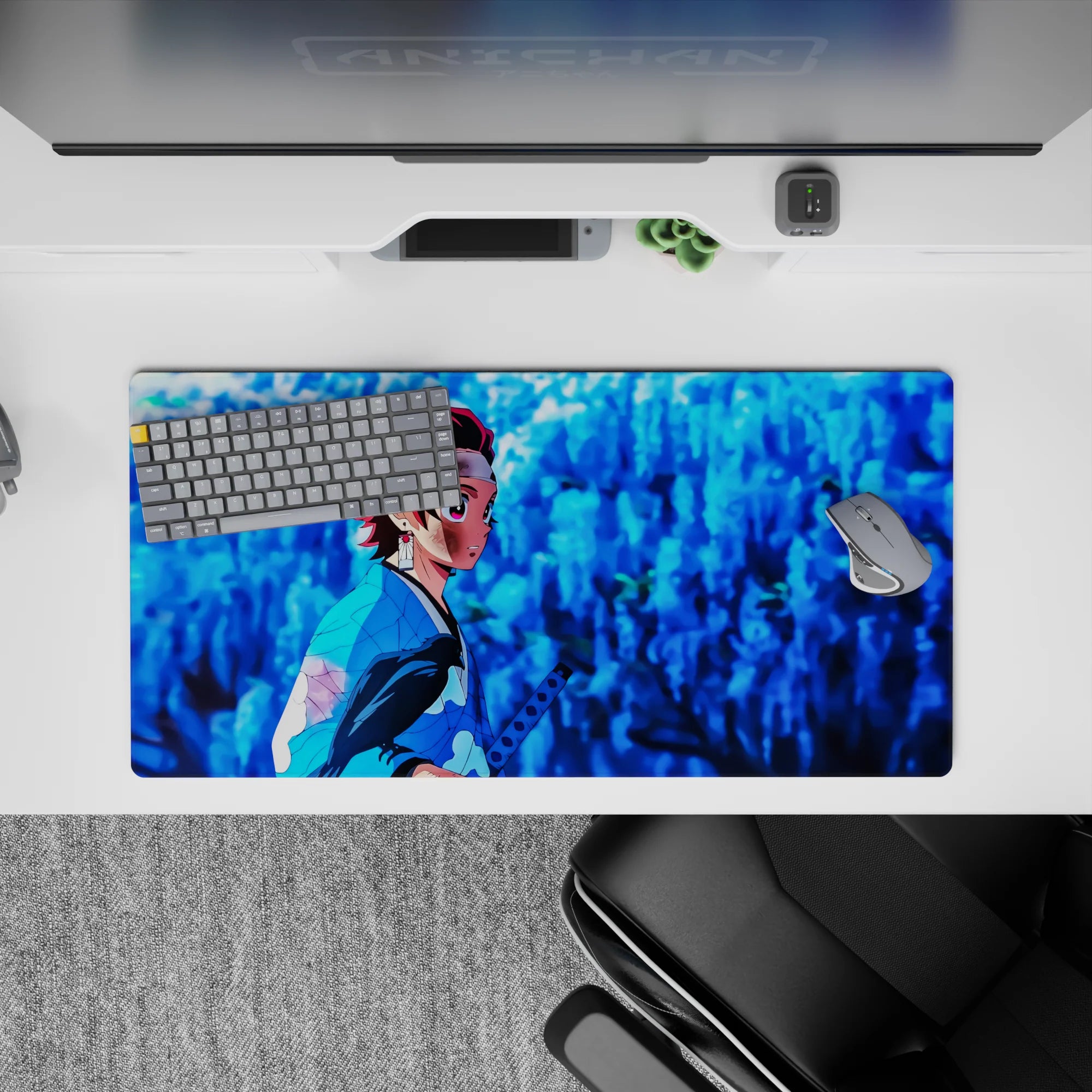 Mouse pad featuring Tanjiro Kamado from Demon Slayer, size 32x16 inches, with glowing wisteria and crimson-edged hair.