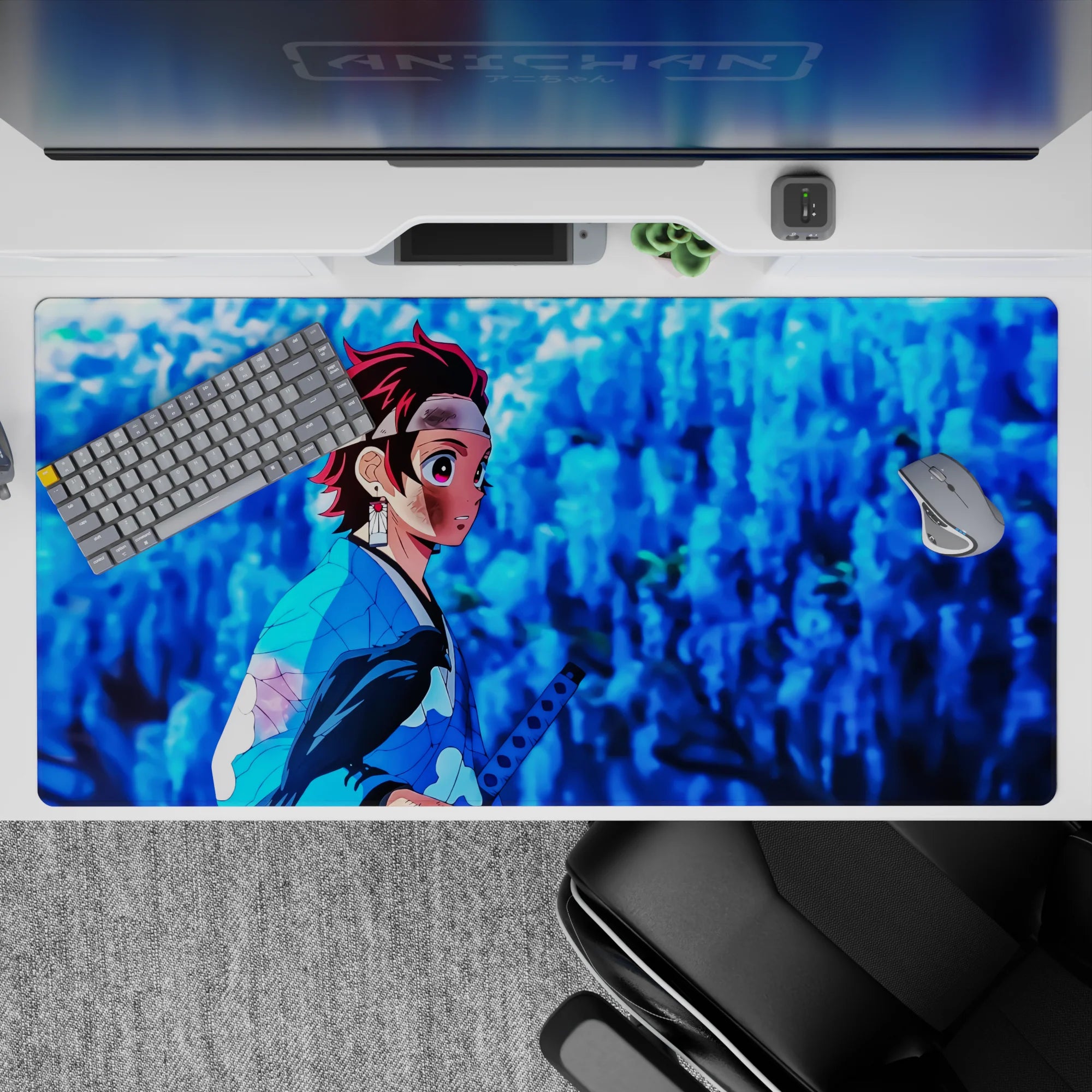 Tanjiro Kamado desk pad, 40x20 inches, with glowing wisteria and blue shadows, ideal for Demon Slayer fans.