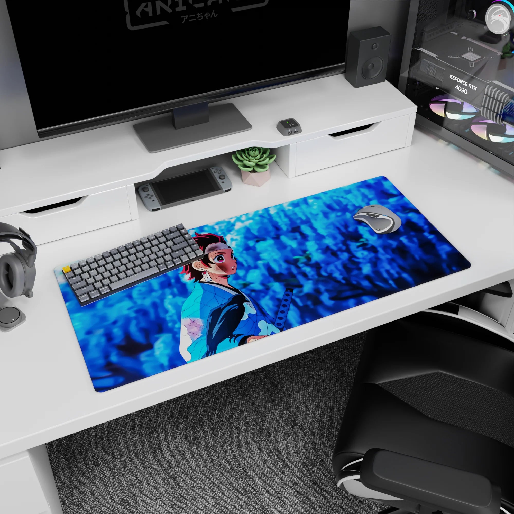 Tanjiro Kamado on a 36x16 inch anime desk pad, set against blue shadows and wisteria from Demon Slayer.