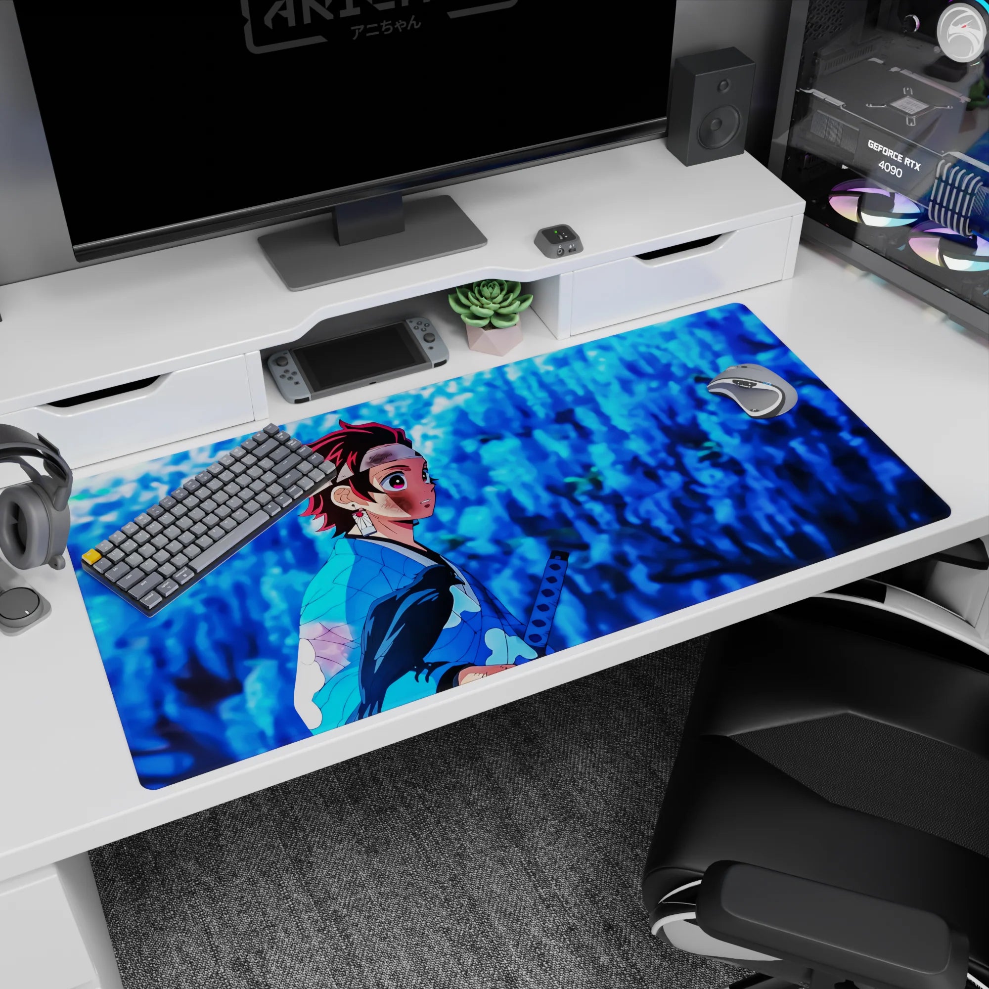 Anime desk pad 40x20 inches featuring Tanjiro Kamado from Demon Slayer, with blue shadows and wisteria backdrop.