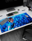 Anime desk pad 40x20 inches featuring Tanjiro Kamado from Demon Slayer, with blue shadows and wisteria backdrop.
