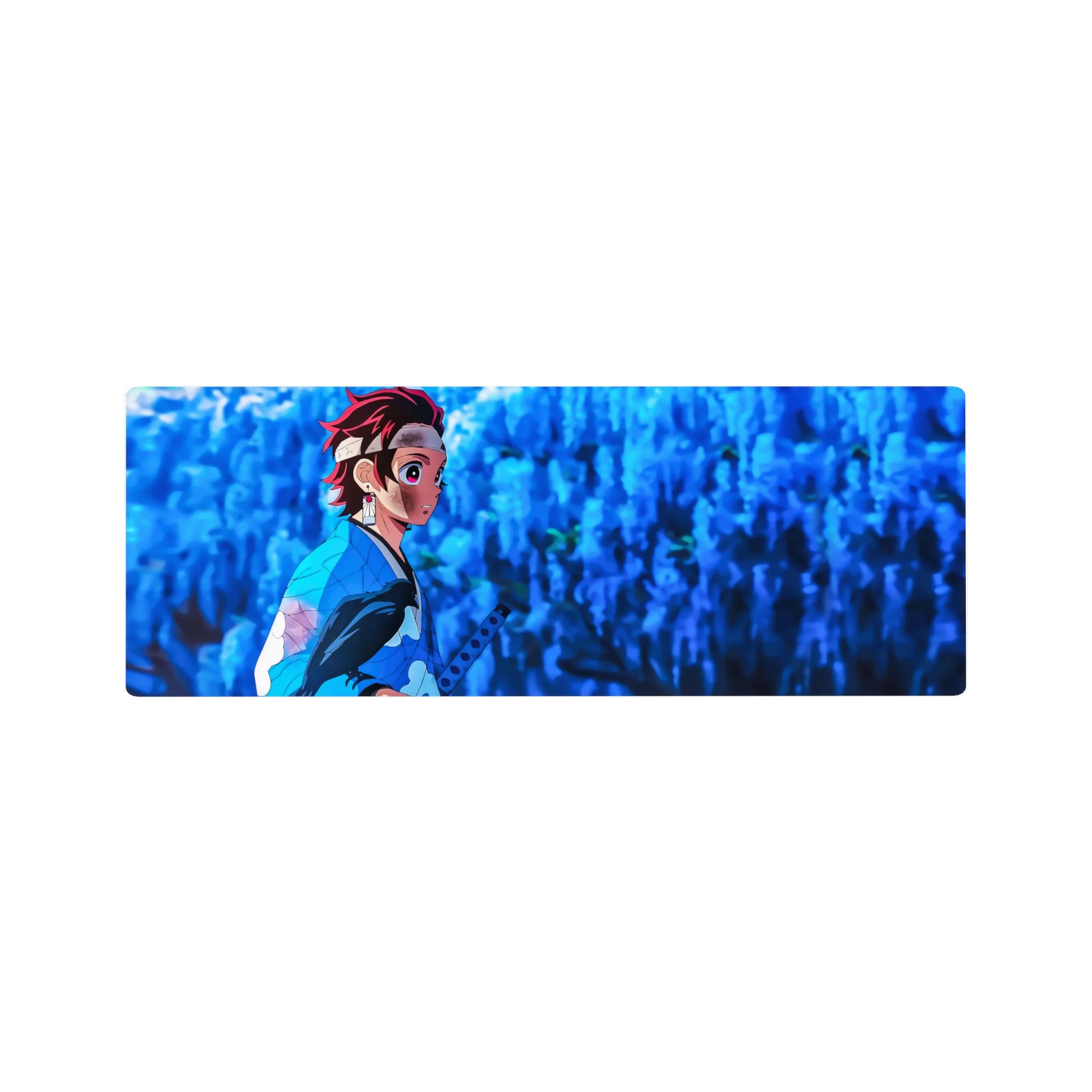 Anime mouse pad featuring Tanjiro Kamado from Demon Slayer, size 32x12 inches, with glowing wisteria and falling petals.