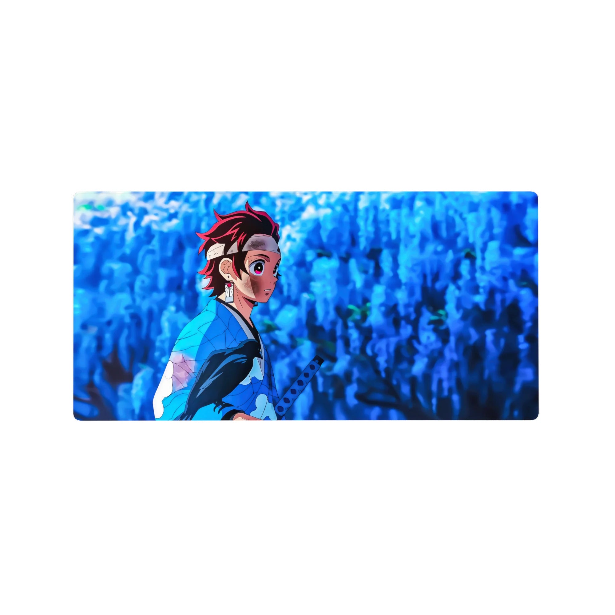 Tanjiro Kamado anime mouse pad, 32x16 inches, featuring a serene wisteria backdrop with cool blue shadows and falling petals.