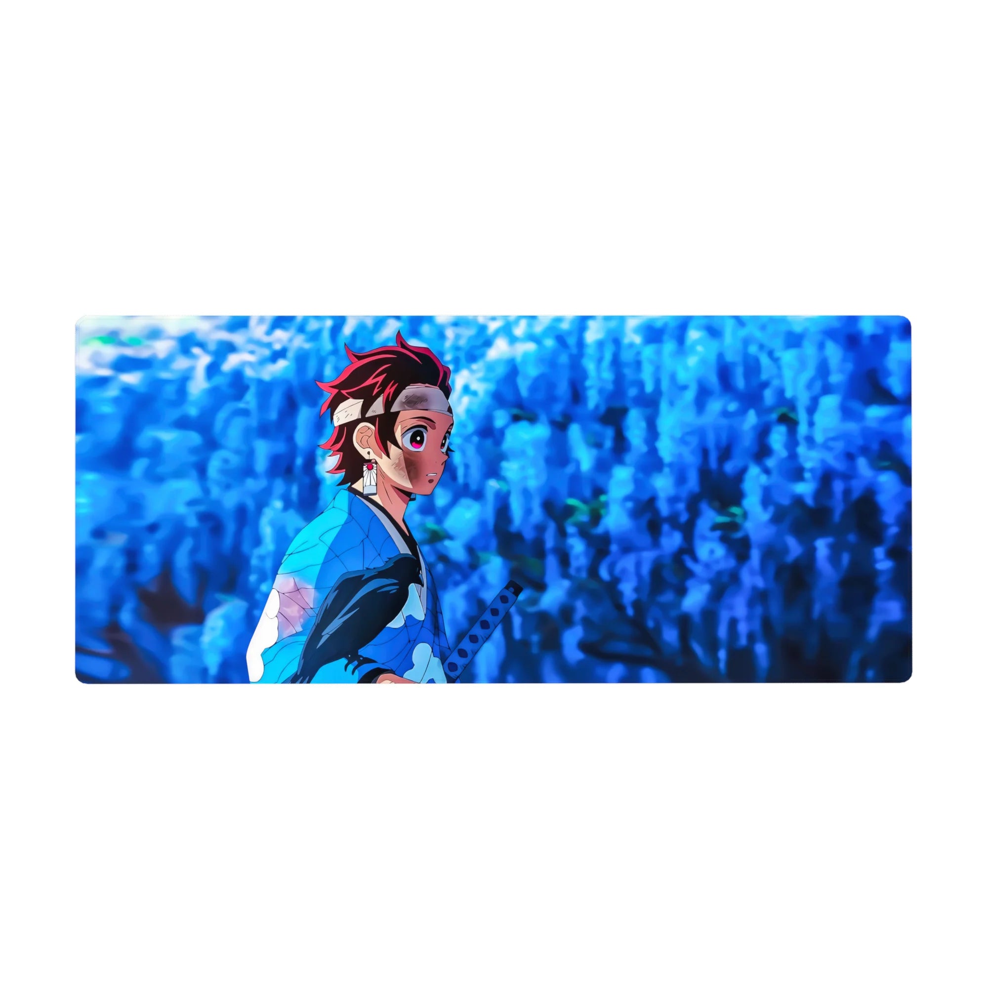 Tanjiro Kamado from Demon Slayer on a 36x16 inch desk pad, capturing his determined expression amidst wisteria petals.