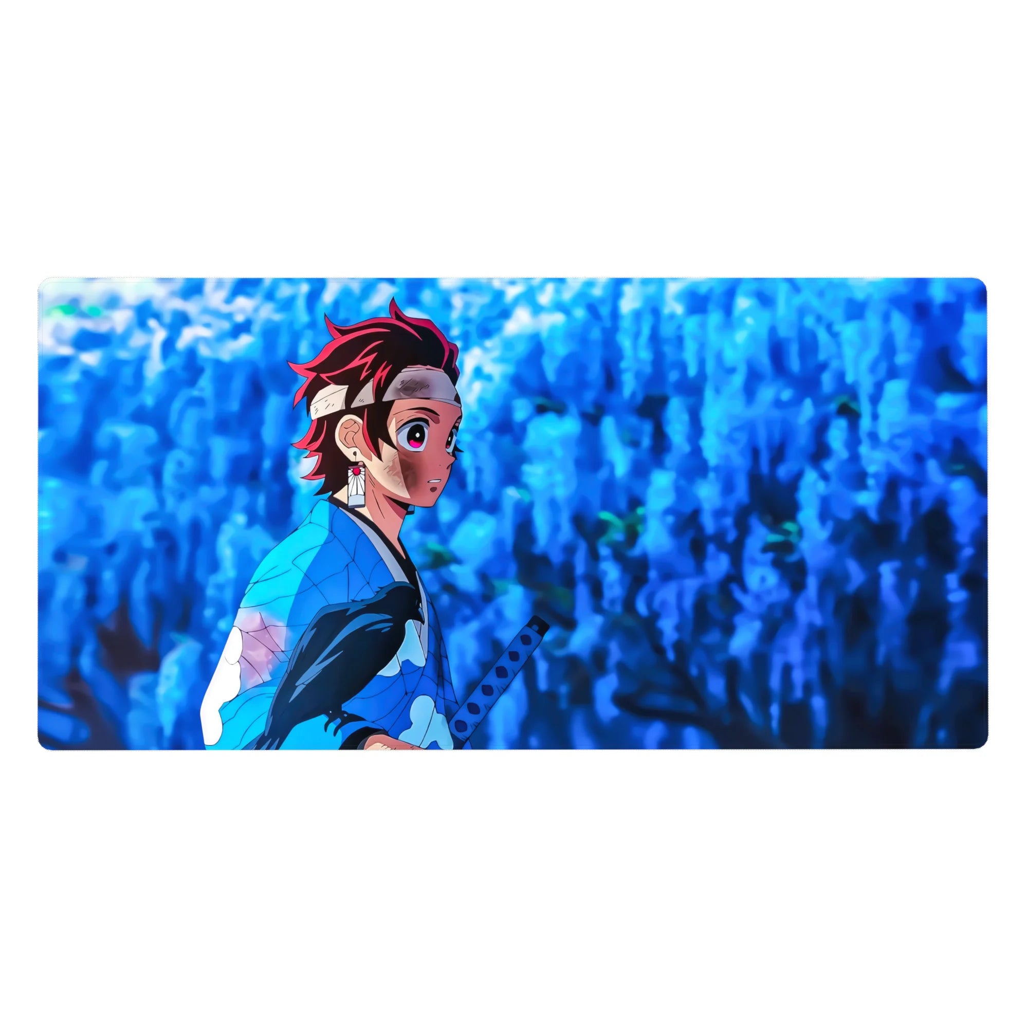 Desk pad 40x20 inches featuring Tanjiro Kamado from Demon Slayer, with wisteria background and falling petals.