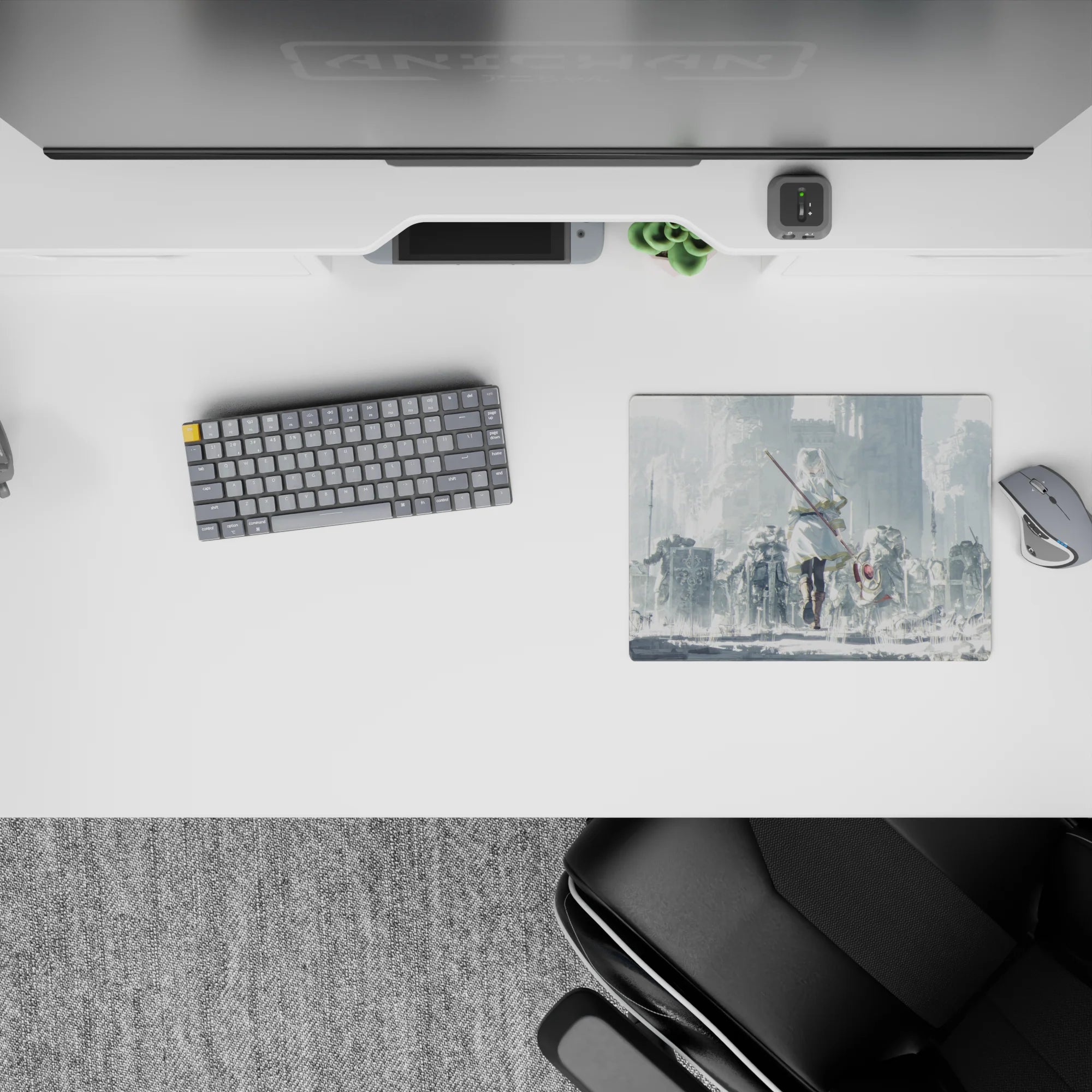 Misty gray fantasy anime mouse pad 14x10 inches, soft light, gold-trim cloak, calm dangerous vibe.