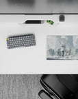 Misty gray fantasy anime mouse pad 14x10 inches, soft light, gold-trim cloak, calm dangerous vibe.