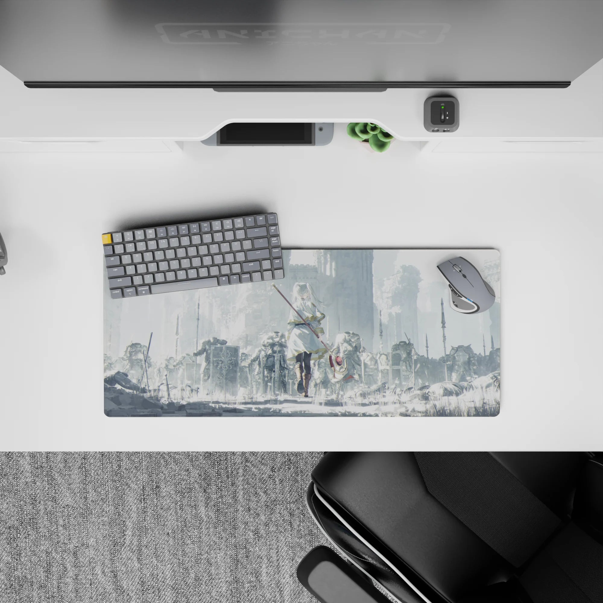 28x12 inches anime girl mouse pad in misty gray tones, soft light, white-and-gold cloak, calm fantasy mood.
