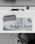 28x12 inches anime girl mouse pad in misty gray tones, soft light, white-and-gold cloak, calm fantasy mood.