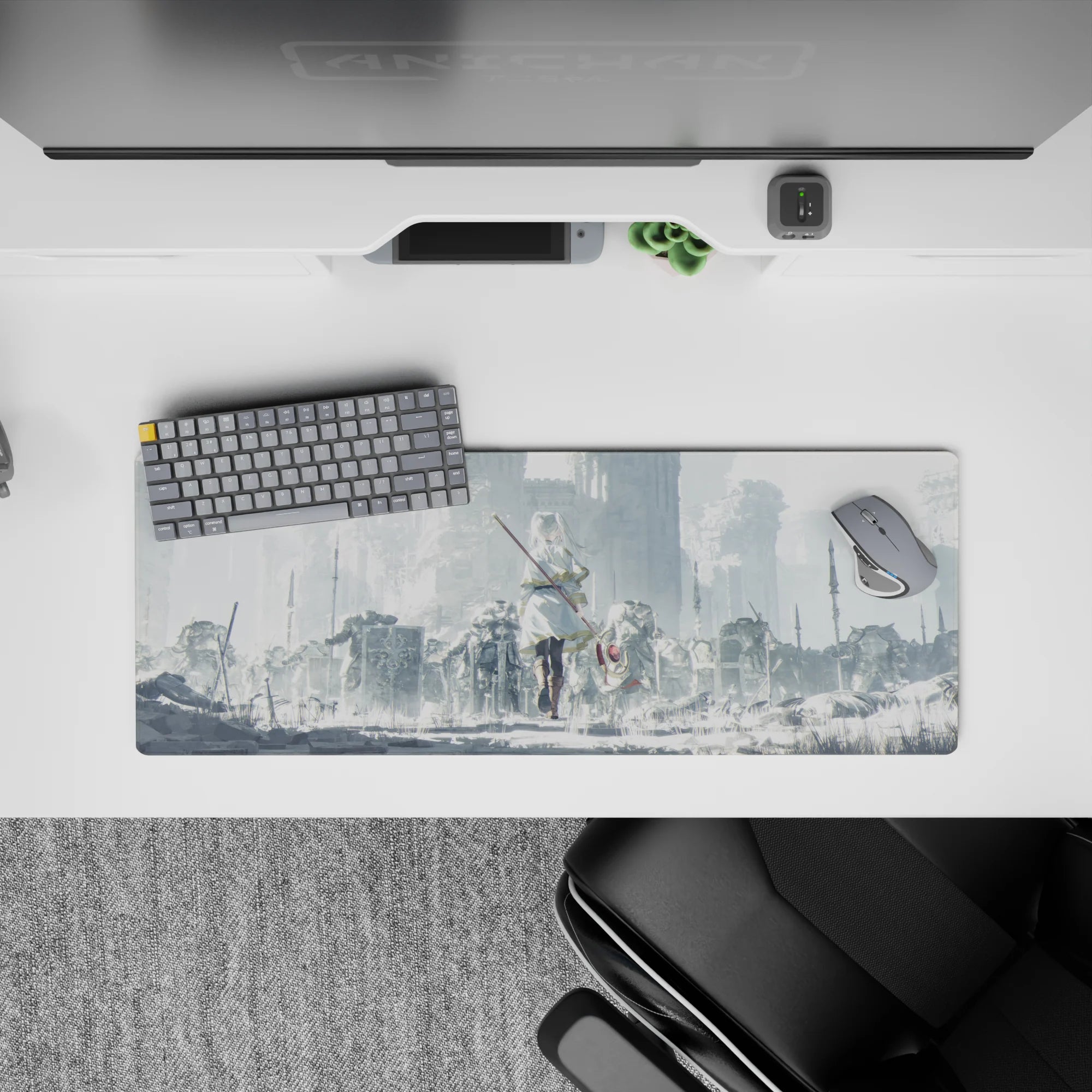 32x12 inches anime girl mouse pad in misty gray tones, soft light, gold-trimmed white cloak, fantasy mood.