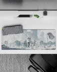 32x12 inches anime girl mouse pad in misty gray tones, soft light, gold-trimmed white cloak, fantasy mood.