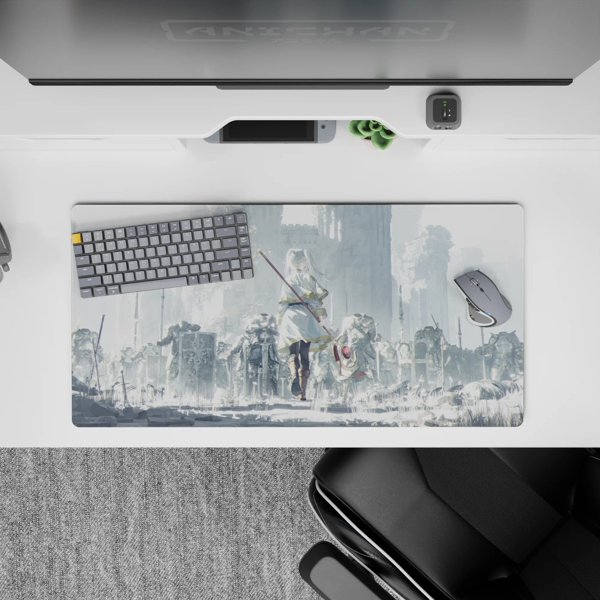 Misty gray fantasy anime mouse pad 32x16 inches, soft light, gold-trim cloak, calm dark vibe.