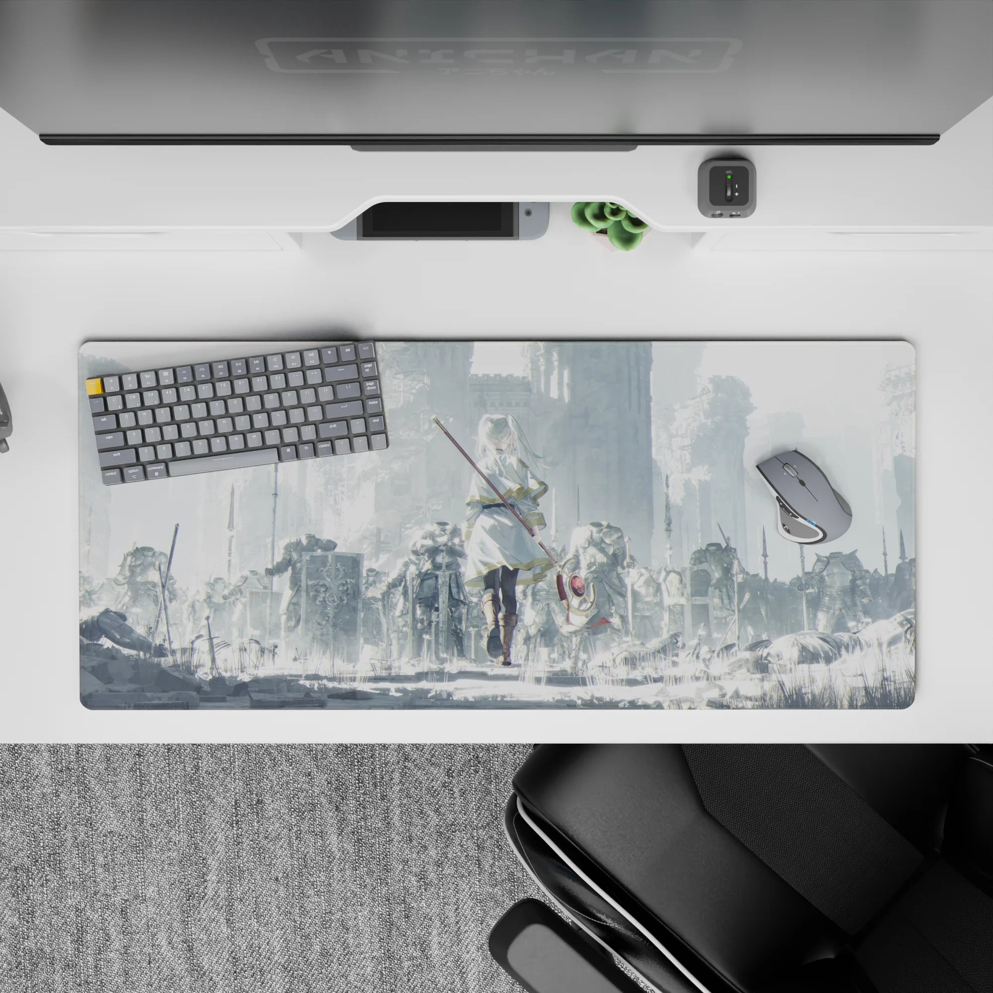 36x16 inches anime desk pad in misty gray tones and soft light, calm dark fantasy vibe with gold trim.