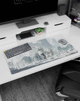 Silver-haired girl in white cloak with gold trim walking past scattered armor, 32x16 inches mouse pad.