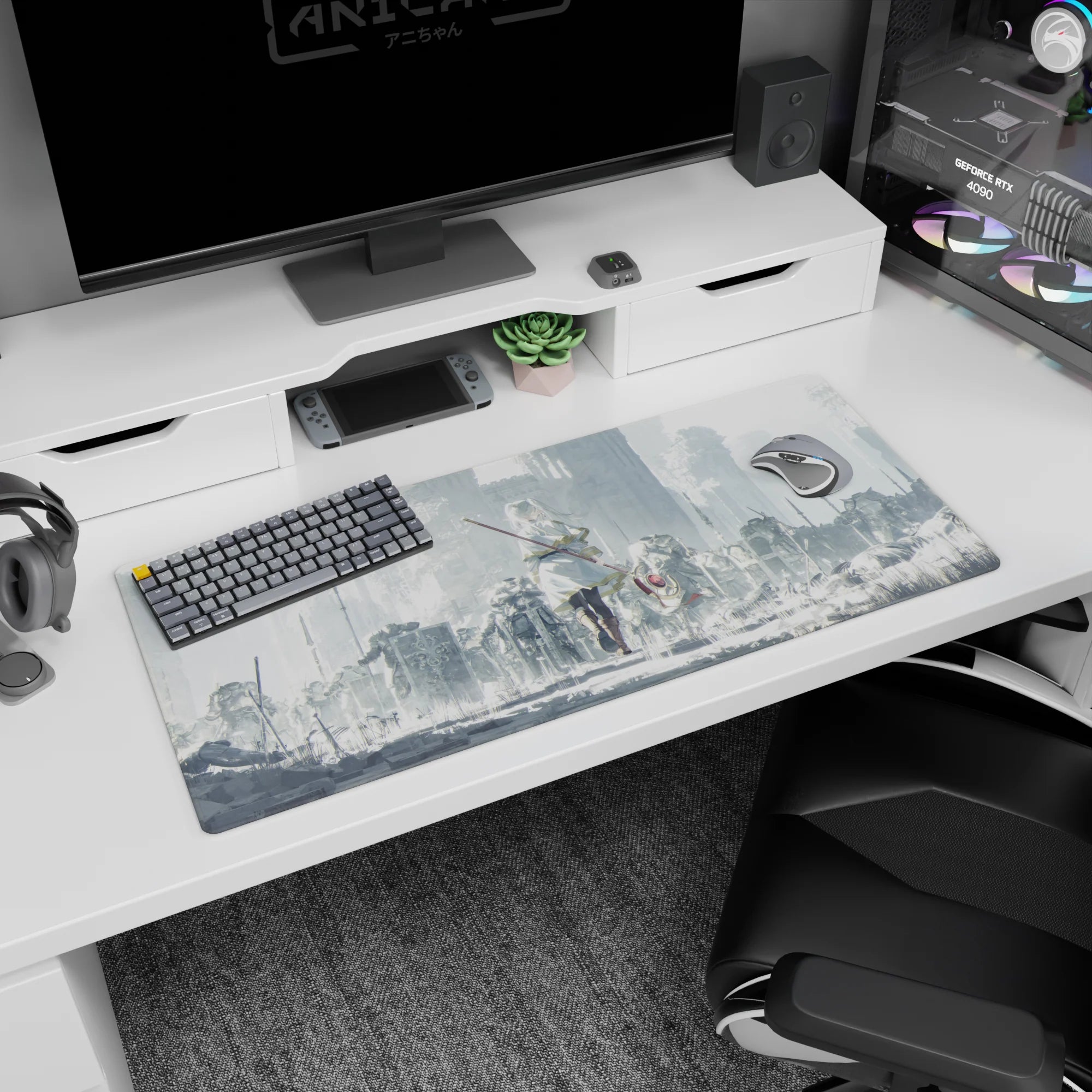 36x16 inches extended mouse pad showing lone white-cloaked girl walking past scattered armor and spears.