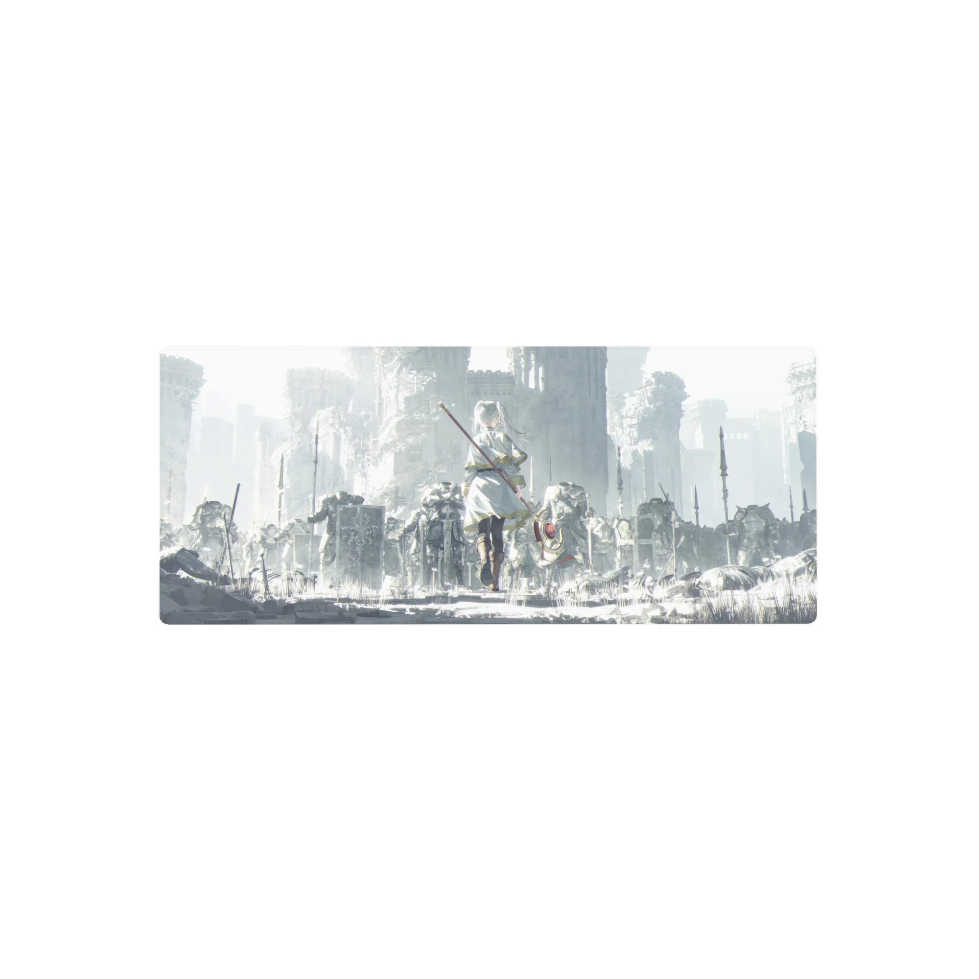 28x12 inches anime girl mouse pad with silver-haired warrior in ruined stone kingdom, staff and red gem.