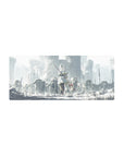 28x12 inches anime girl mouse pad with silver-haired warrior in ruined stone kingdom, staff and red gem.