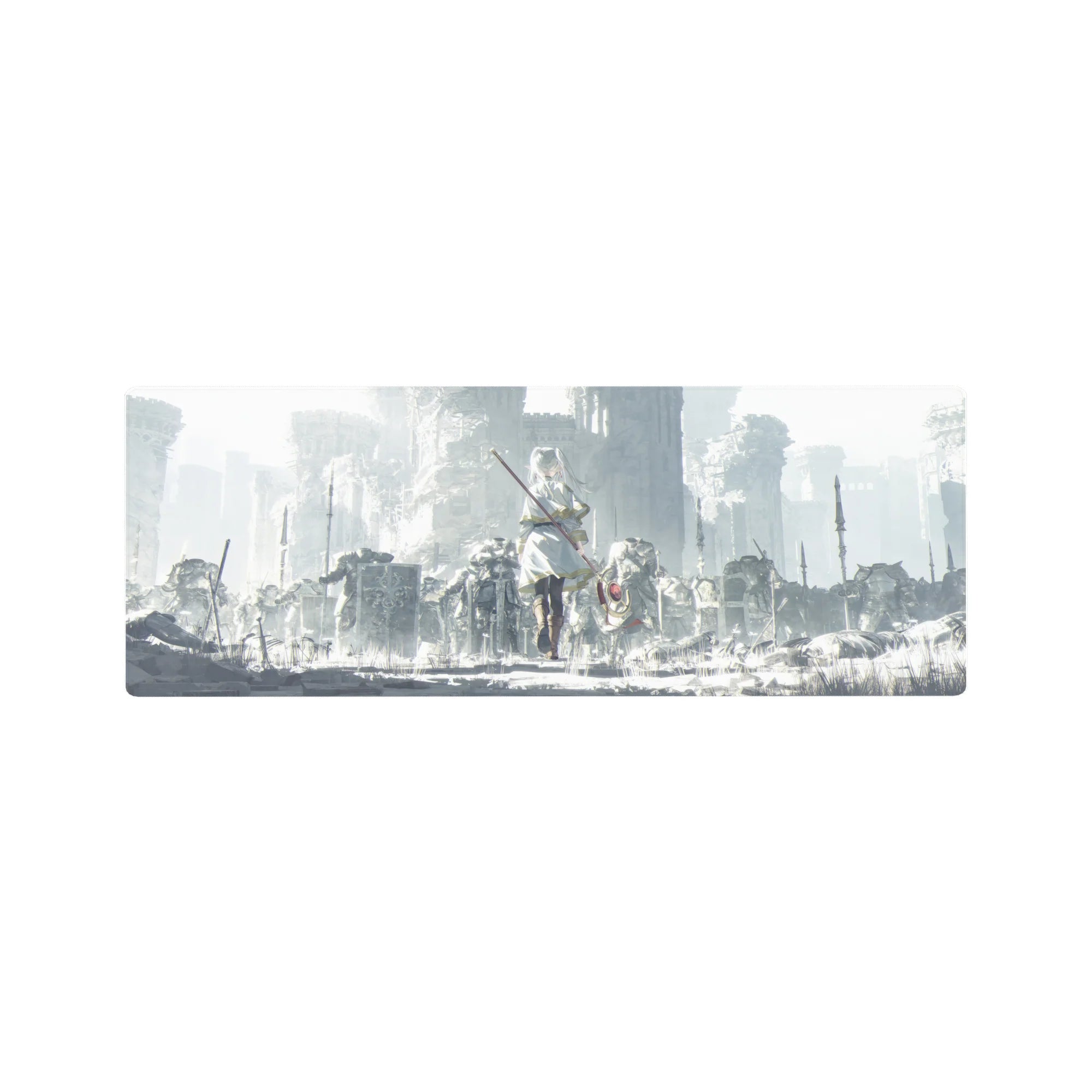 32x12 inches anime girl mouse pad with silver-haired warrior in ruined stone kingdom, staff and red gem.