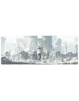 32x12 inches anime girl mouse pad with silver-haired warrior in ruined stone kingdom, staff and red gem.