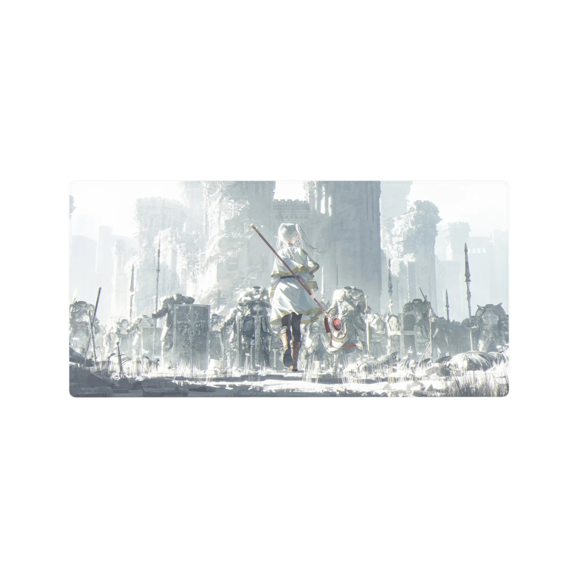 Anime girl mouse pad 32x16 inches with silver-haired mage in ruined stone kingdom, staff and red gem.