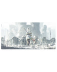 Anime girl mouse pad 32x16 inches with silver-haired mage in ruined stone kingdom, staff and red gem.