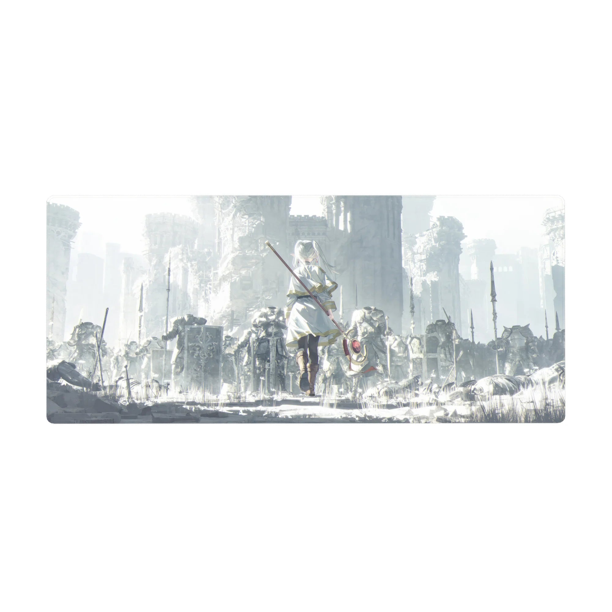 36x16 inches anime girl desk pad with silver-haired mage in ruined stone kingdom, staff with red gem.