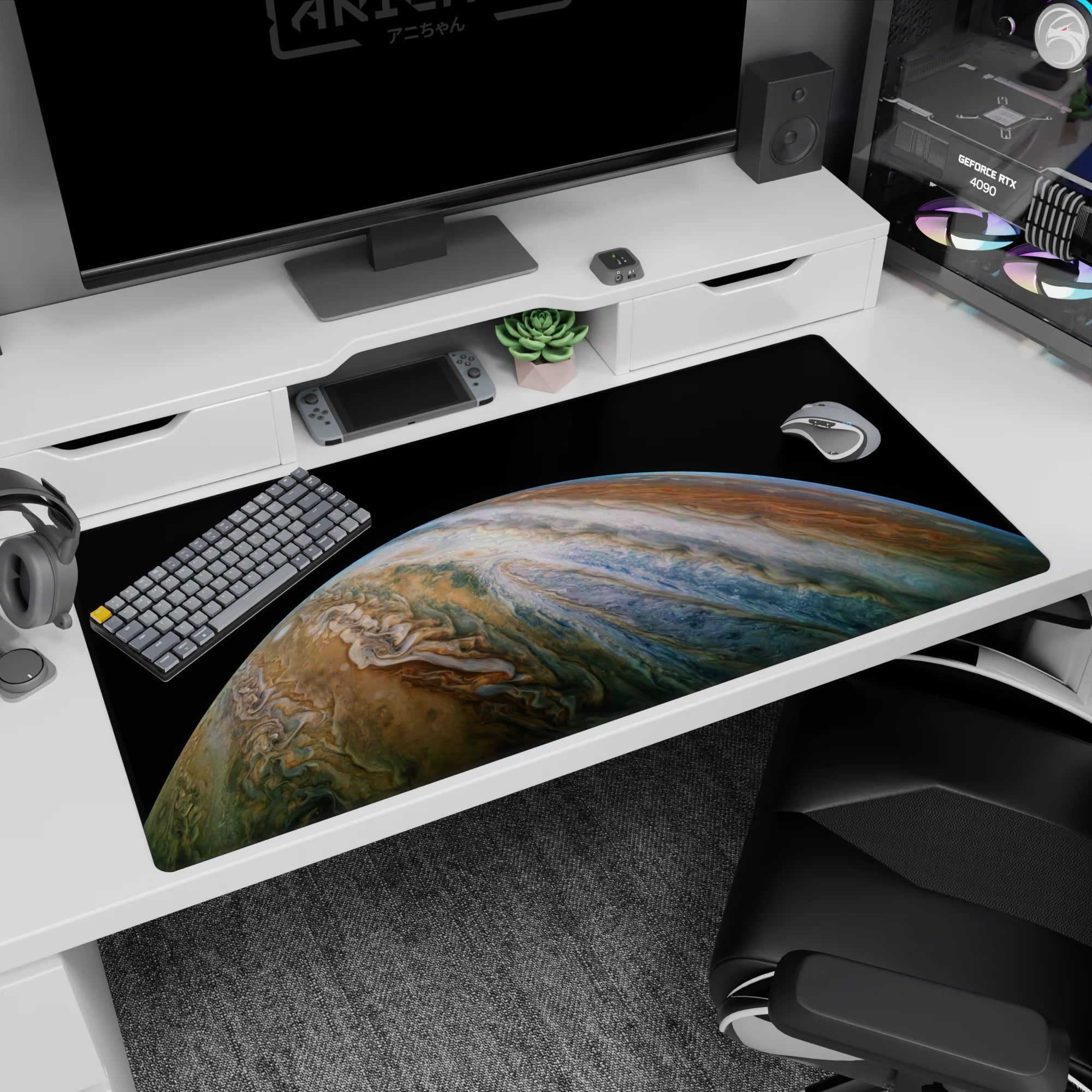 Large desk pad 40x20 inches with a dreamy planet design in black, tan, blue, and teal tones, adding cosmic calm to workspace.