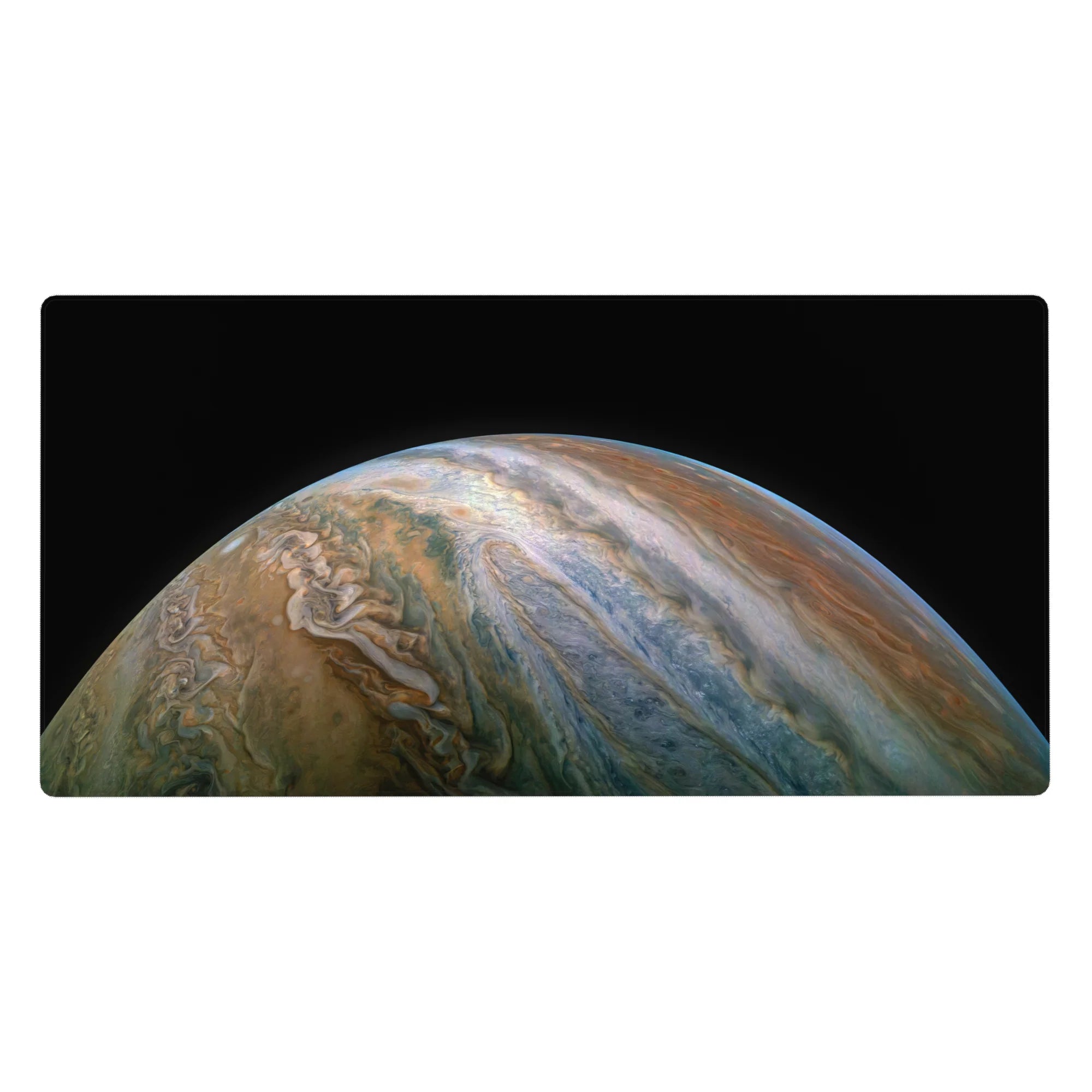 Large desk pad 40x20 inches featuring swirling planetary design in black, teal, and tan tones for a calming workspace.