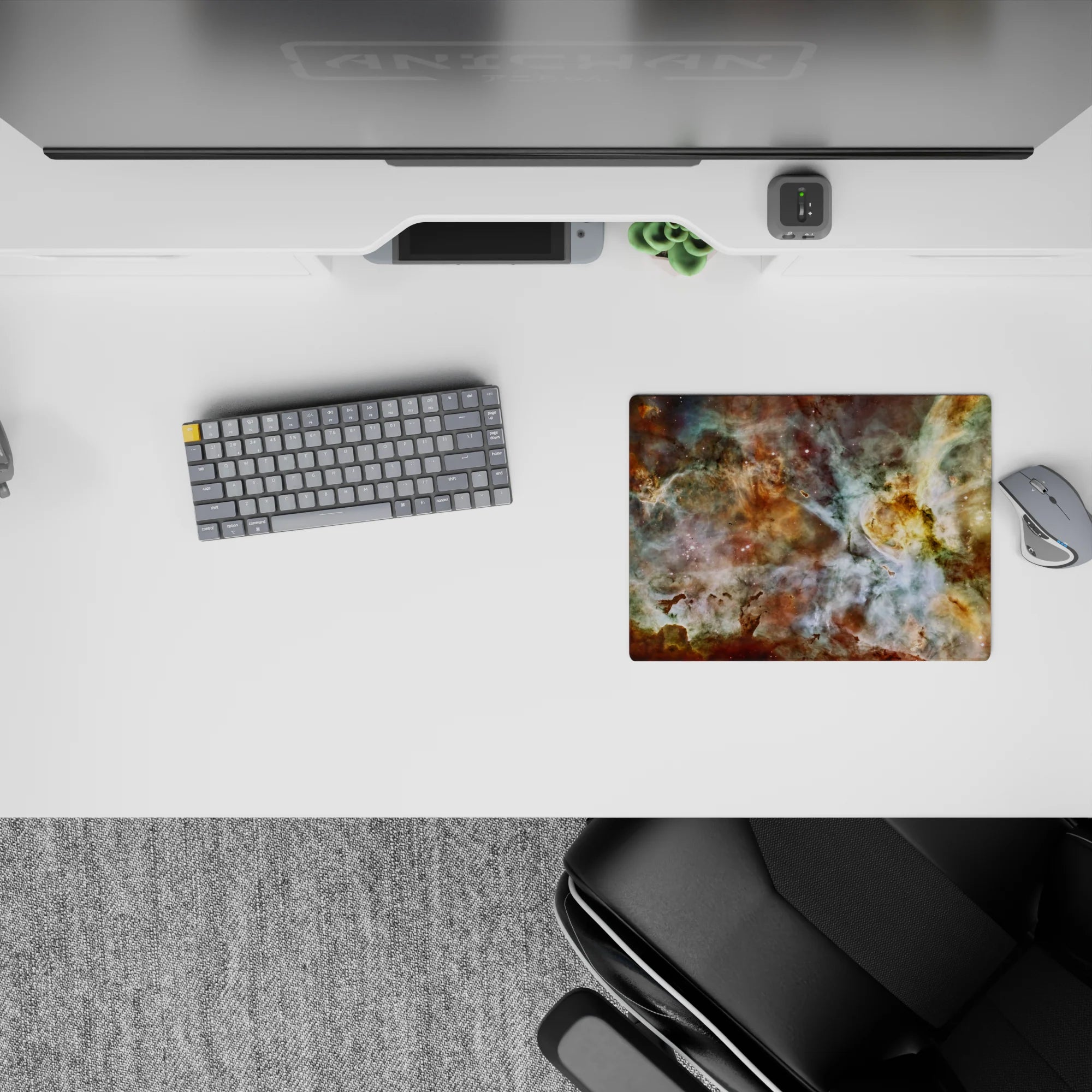 Cosmic nebula print classic mouse pad with teal, gold, and white tones, 14x10 inches, smooth surface for desks.