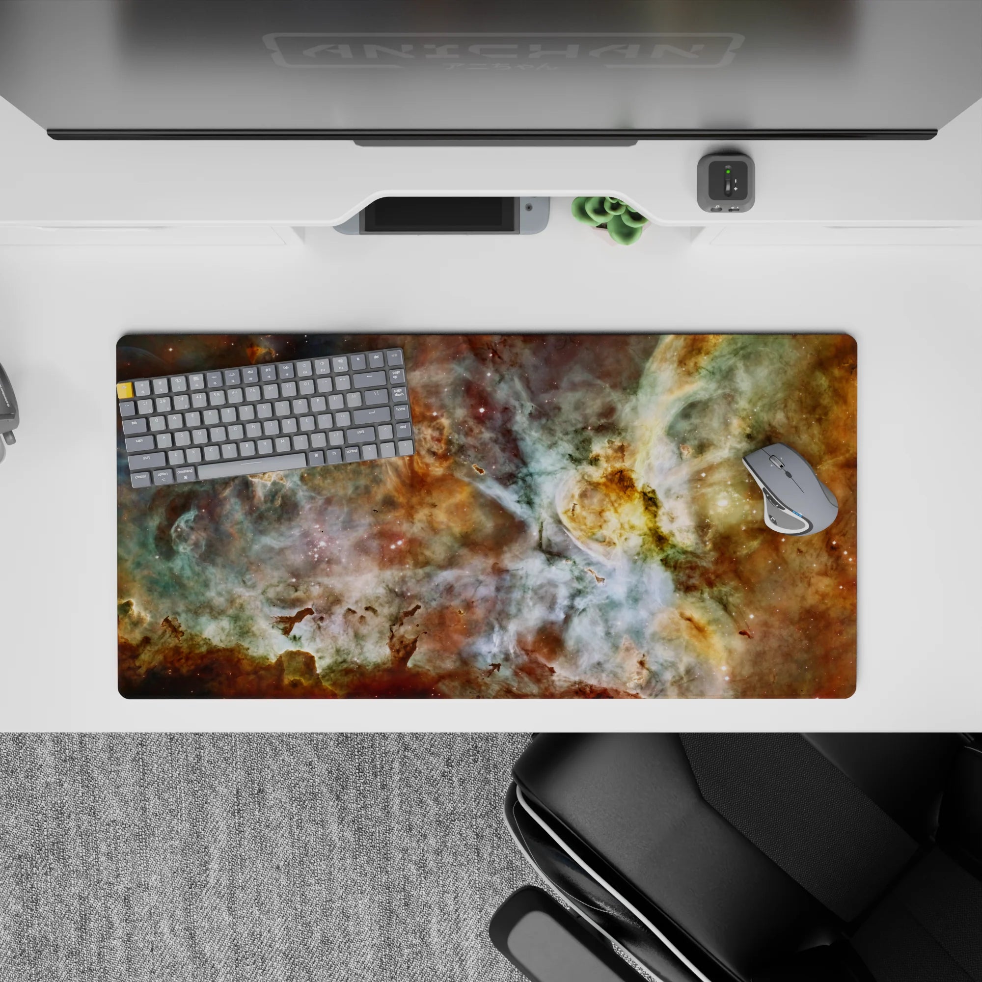 Cosmic nebula mouse pad with smoky teal, gold, and white swirls, 32x16 inches, ideal for stylish desk setups.