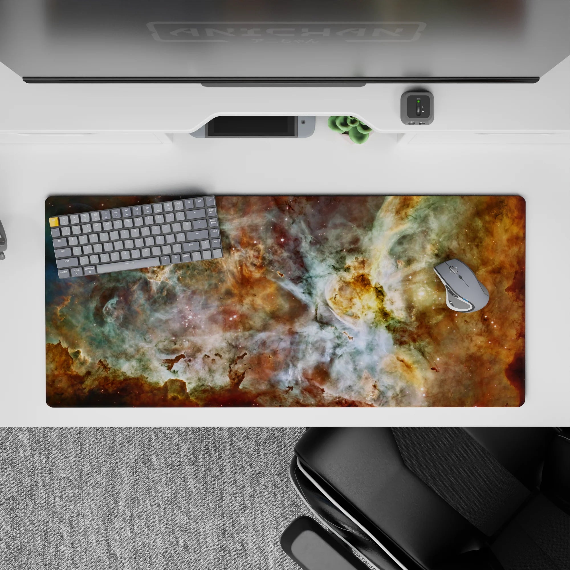 Cosmic nebula desk pad 36x16 inches with teal, gold, and white swirls for stylish and calming workspace décor.