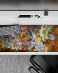 Cosmic nebula desk pad 36x16 inches with teal, gold, and white swirls for stylish and calming workspace décor.