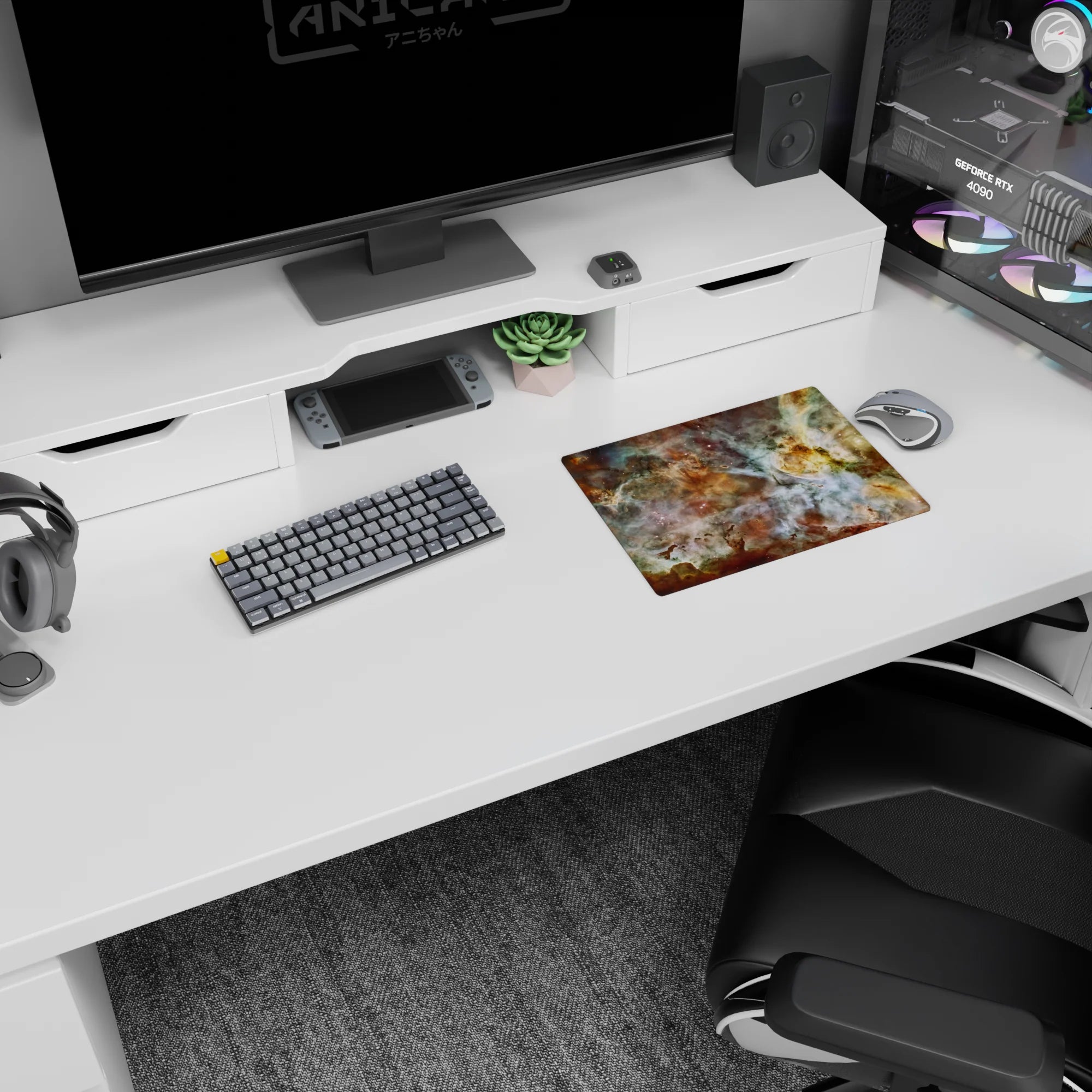 Classic 14x10 inch mouse pad with dreamy nebula design in teal, gold, and white for stylish desktop setup.