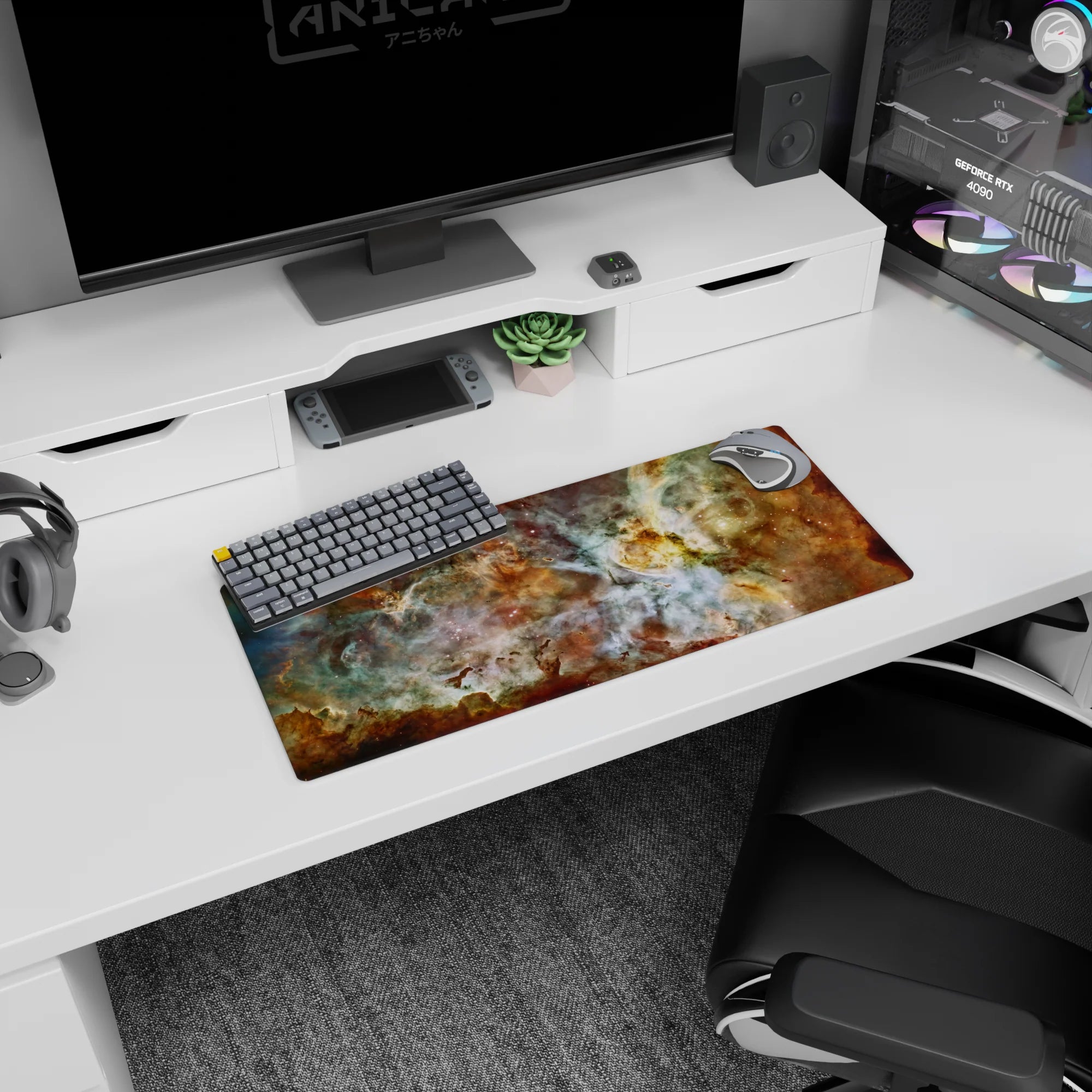 Large 28x12 inch mouse pad with dreamy nebula print in teal, gold, and white tones for elegant desk décor.