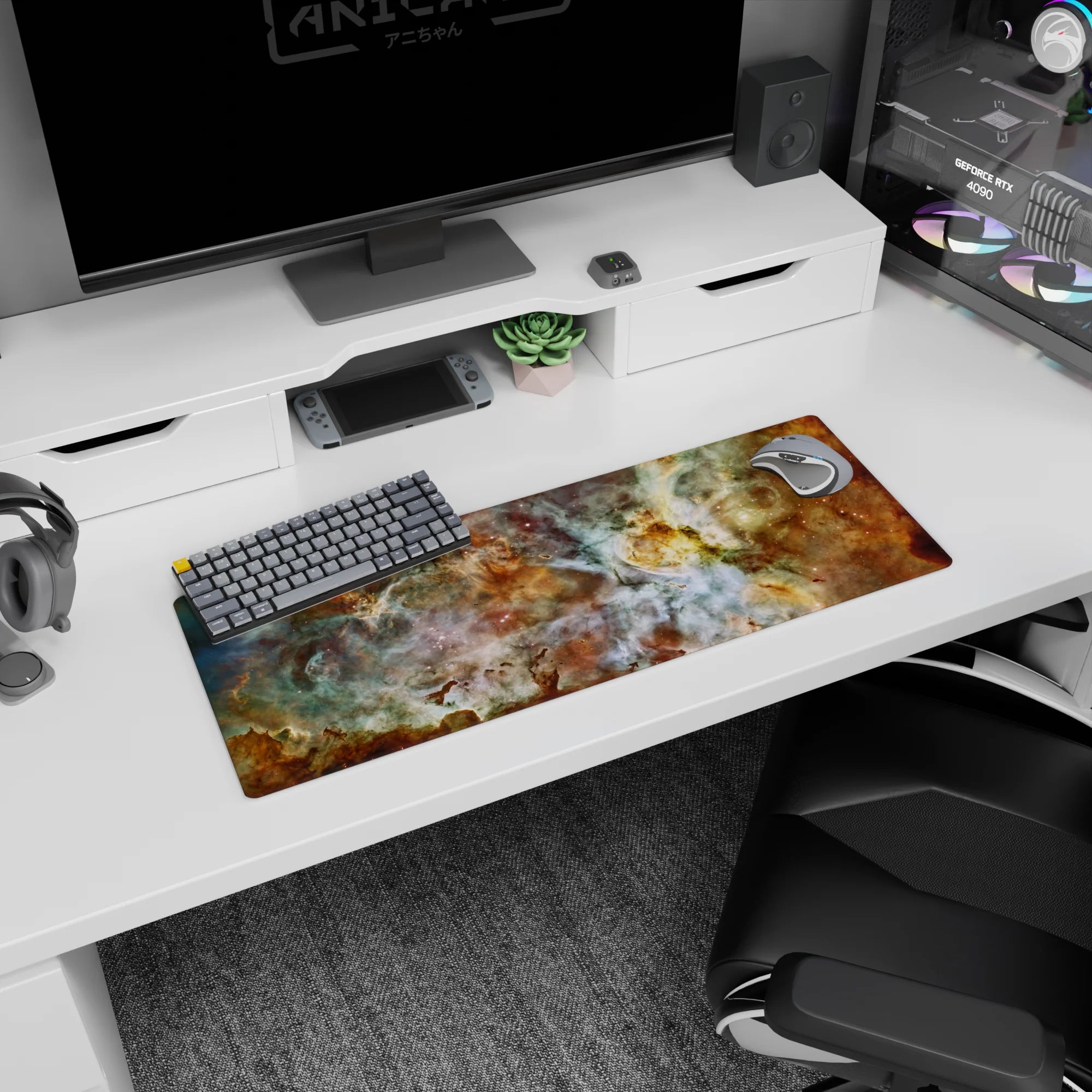 Large 32x12 inch desk mouse pad featuring dreamy nebula design with teal, gold, and white cloud-like swirls.