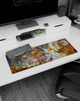 Large 32x12 inch desk mouse pad featuring dreamy nebula design with teal, gold, and white cloud-like swirls.