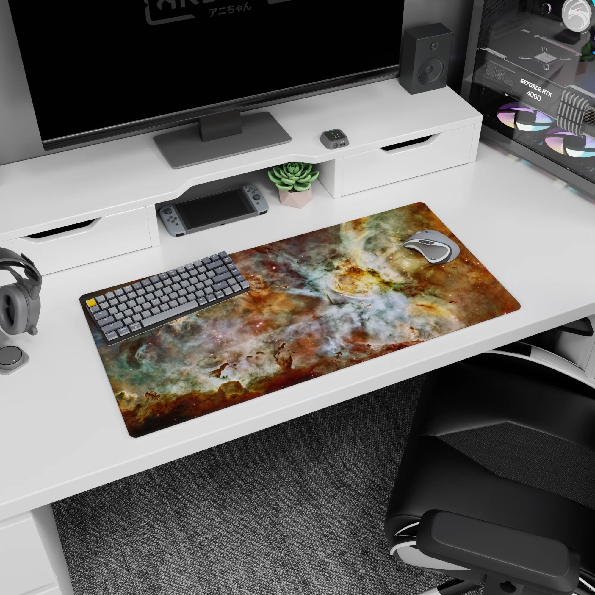 Large 32x16 inch mouse pad with dreamy nebula design in teal, gold, and white tones for a stylish workspace.