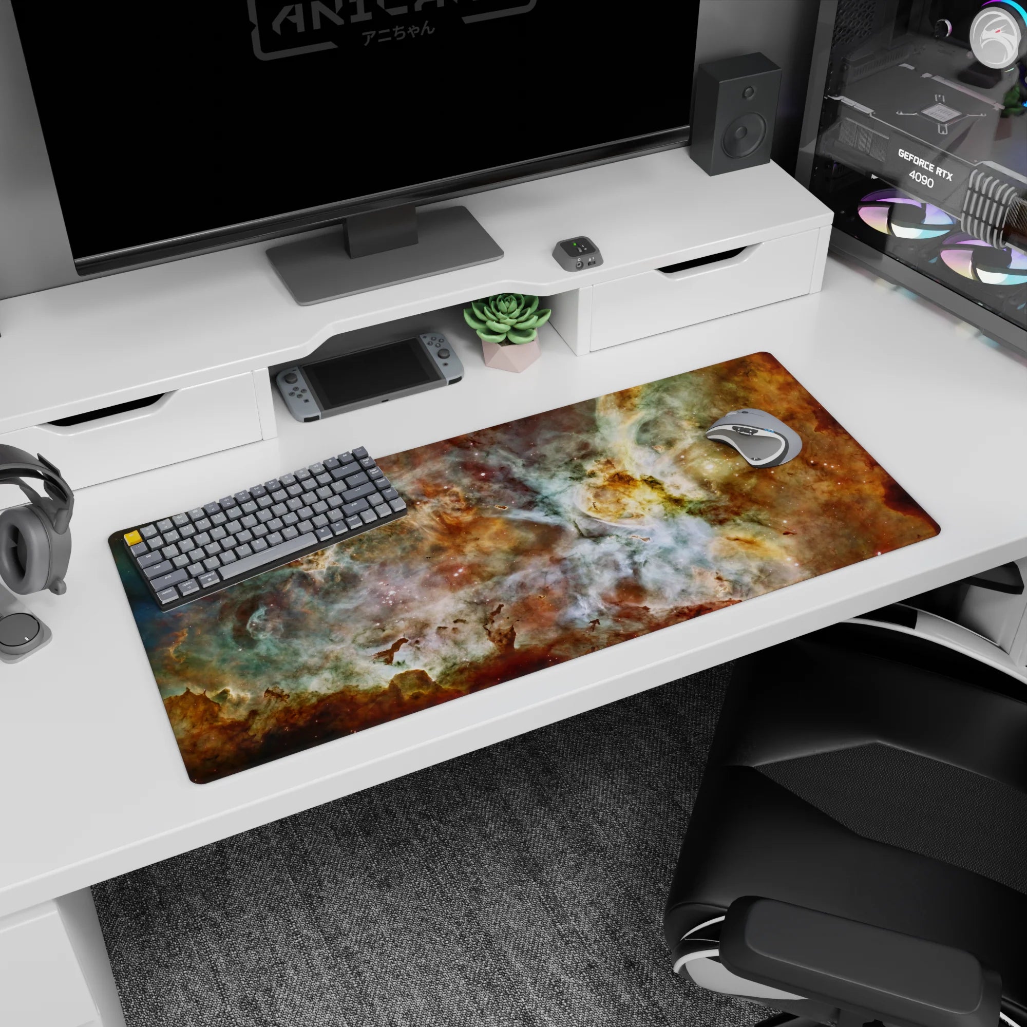 Cosmic nebula desk pad 36x16 inches with teal, gold, and white swirls creating a calm, elegant workspace design.
