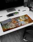 Cosmic nebula desk pad 36x16 inches with teal, gold, and white swirls creating a calm, elegant workspace design.