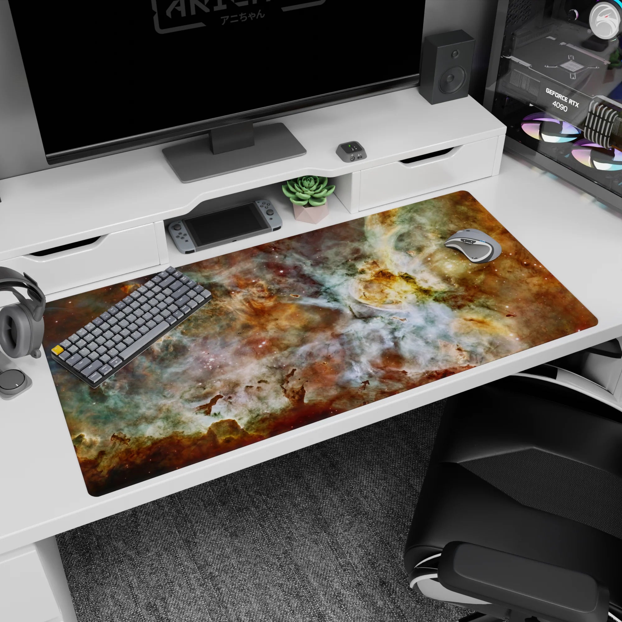 Cosmic nebula desk pad 40x20 inches with teal, gold, and white swirls adding a calm and elegant workspace touch.