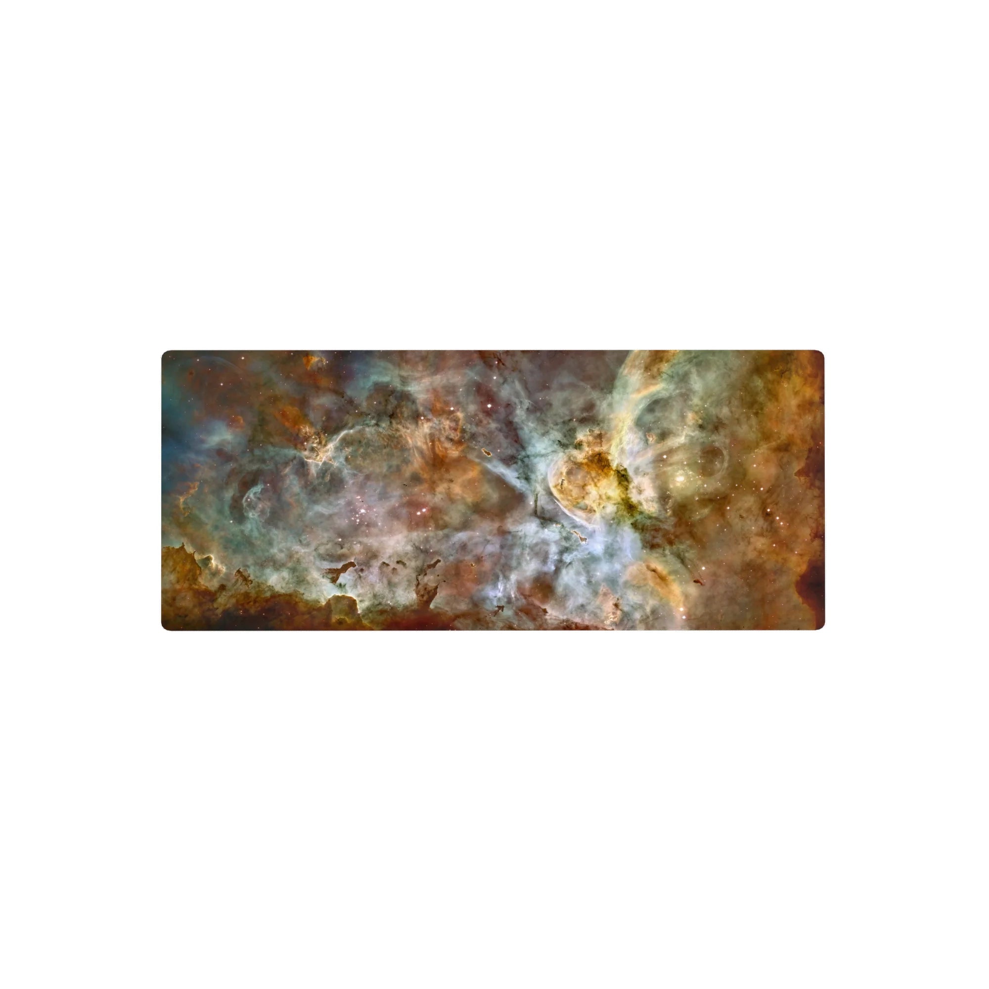 Cosmic nebula mouse pad with teal, gold, and white swirls, measuring 28x12 inches, ideal for stylish desks.