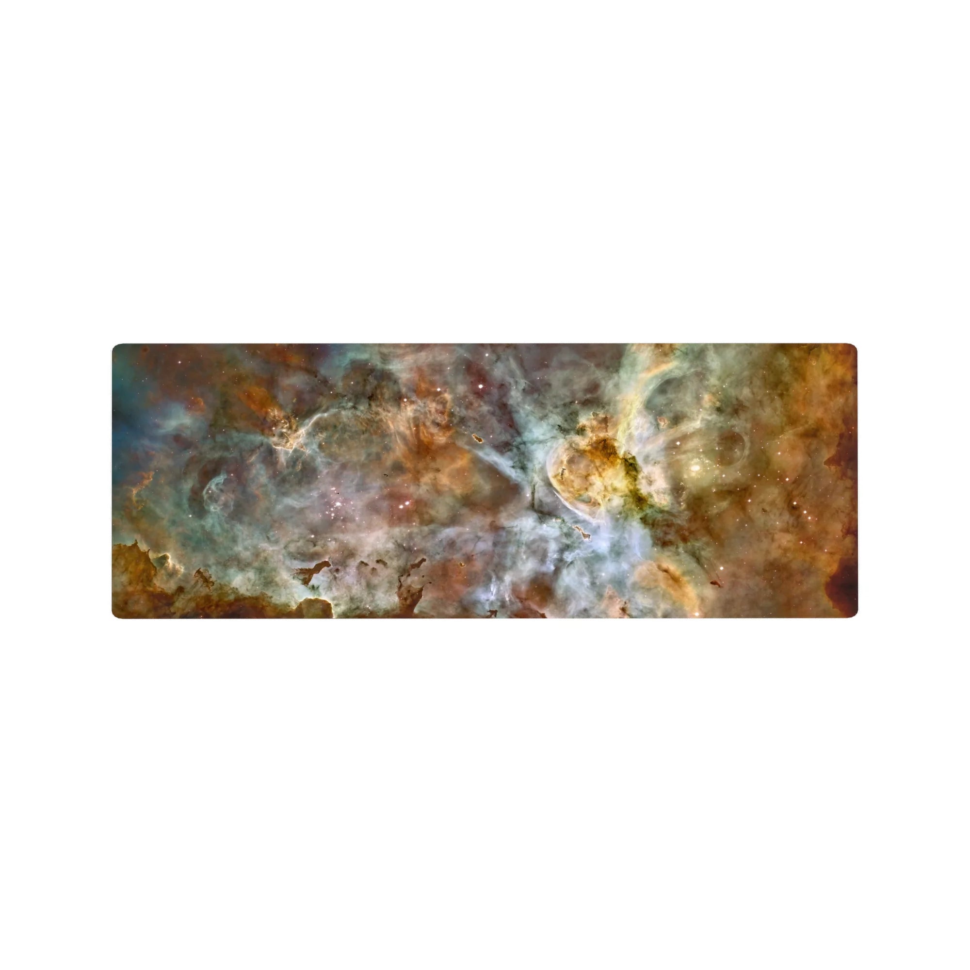 Large 32x12 inch mouse pad featuring a dreamy nebula design with teal, gold, and cloud-white swirls.