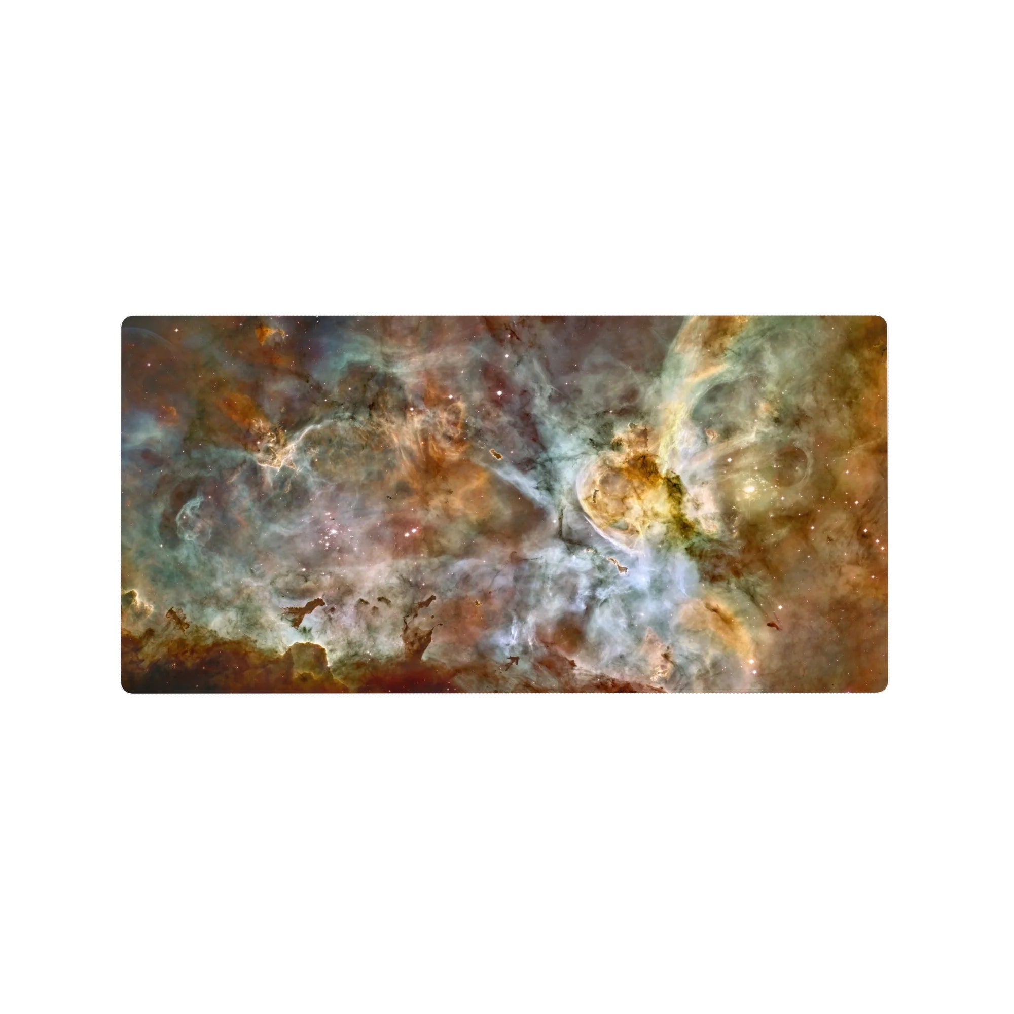 Large 32x16 inch mouse pad with cosmic nebula design in teal, gold, and white tones for an elegant desk setup.
