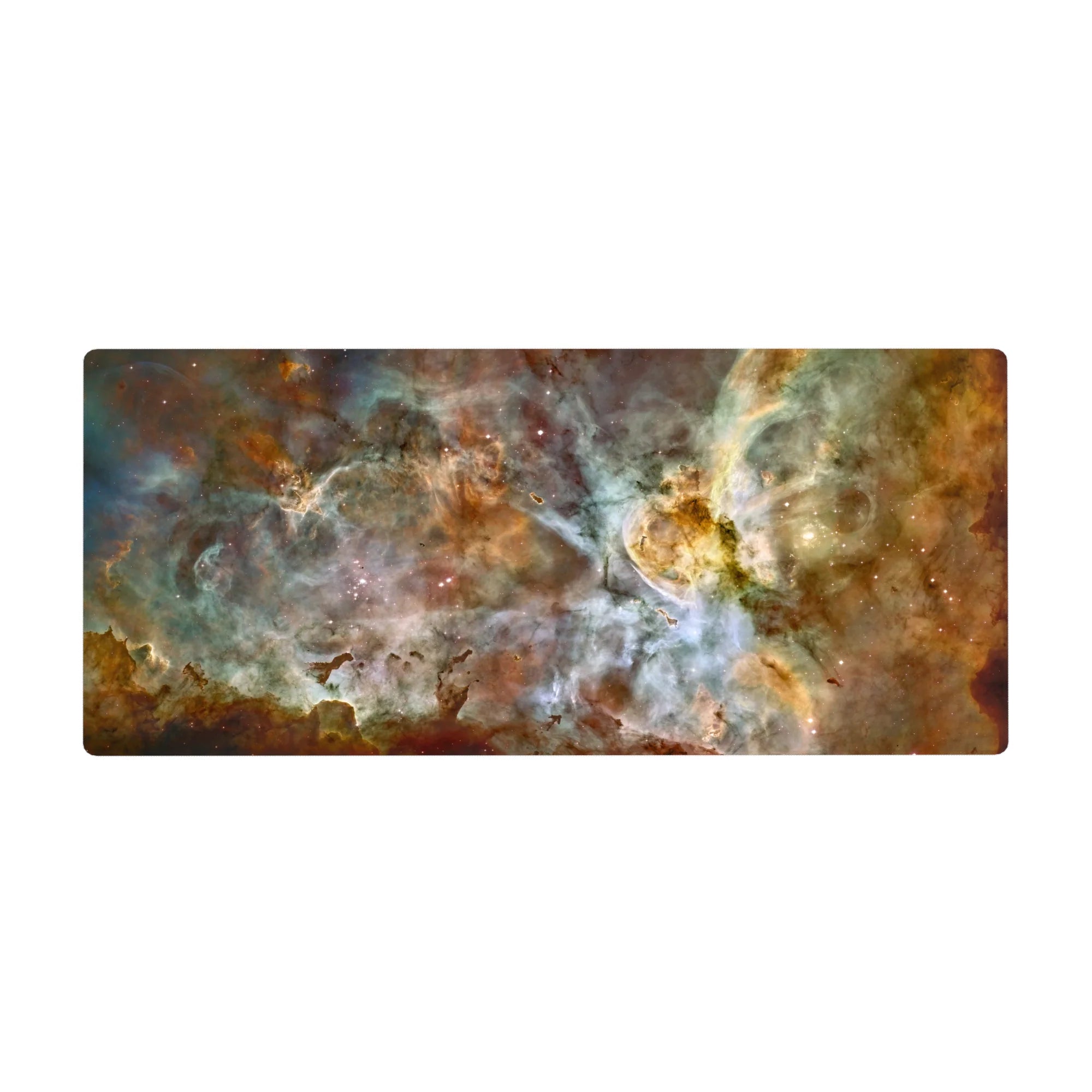 Cosmic-themed desk pad 36x16 inches with teal, gold, and white nebula design and soft cloud-like swirl details.