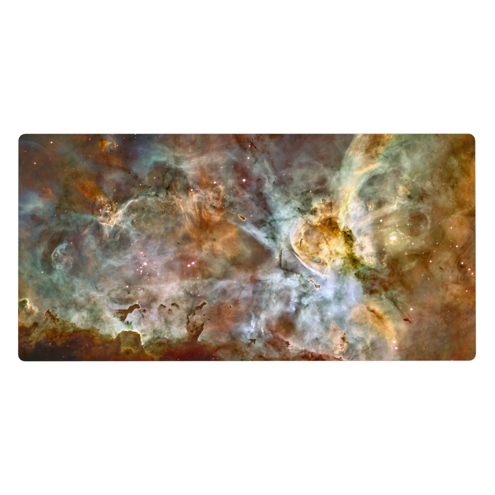 Large 40x20 inch desk pad with dreamy nebula design in teal, gold, and white tones, adding calm cosmic style.