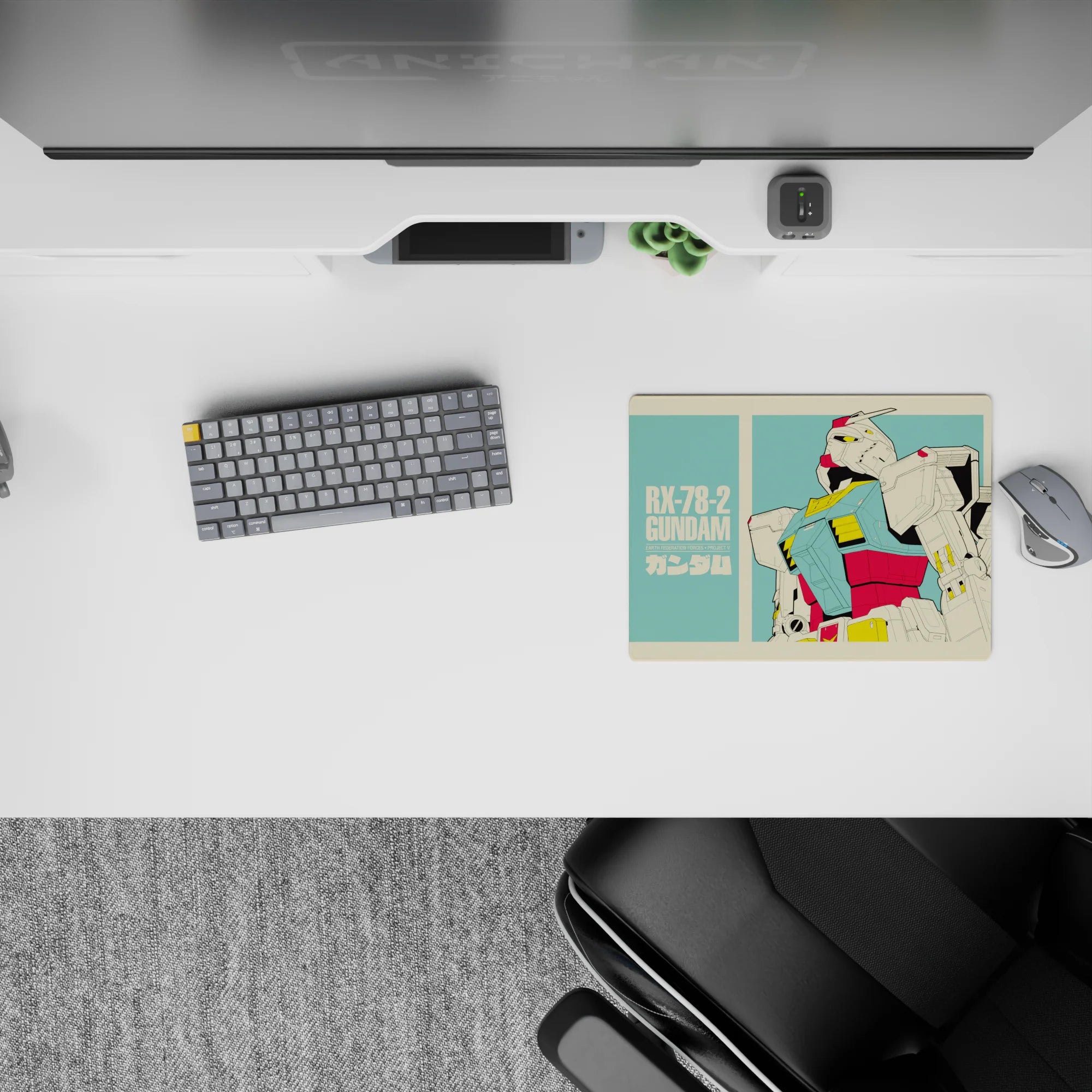 14x10 inches anime mouse pad in mint teal and cream with red-yellow armor accents, nostalgic vibe.