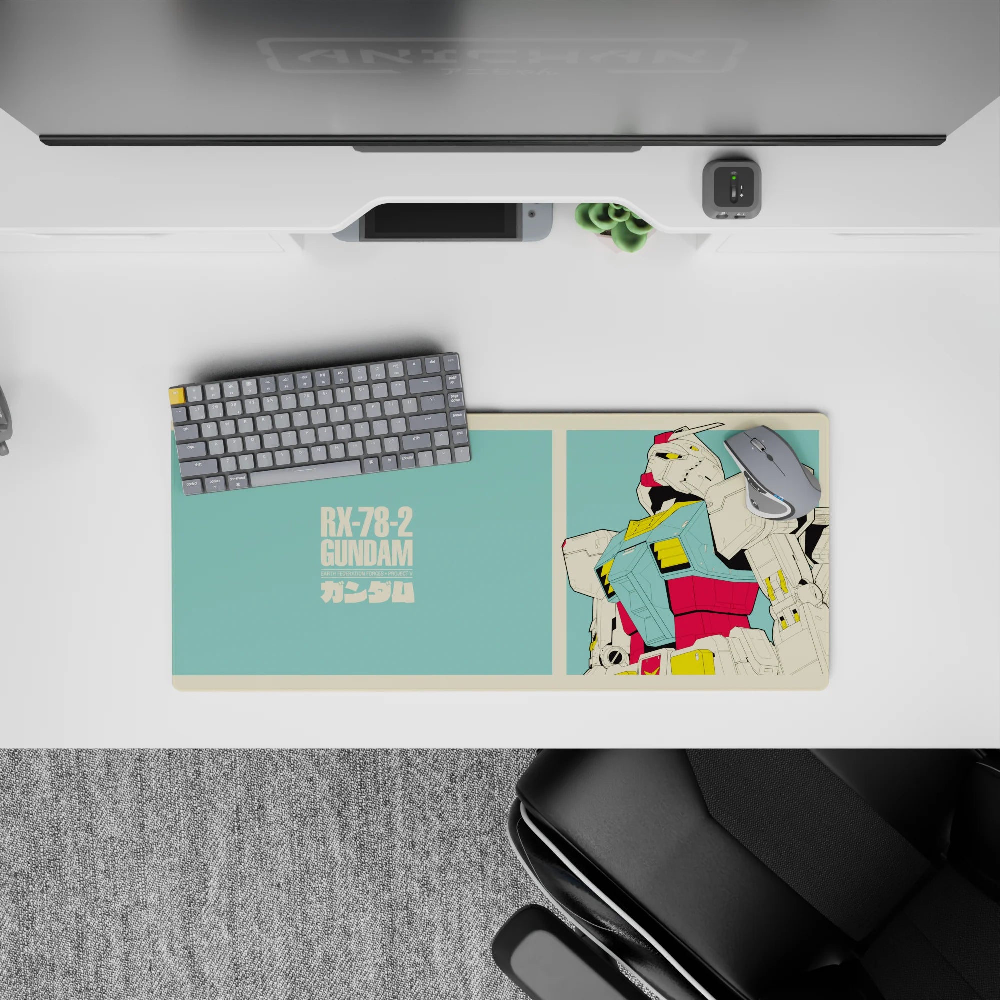 Mint teal and cream border mecha mouse pad with red-yellow armor pop, nostalgic vibe, 28x12 inches.